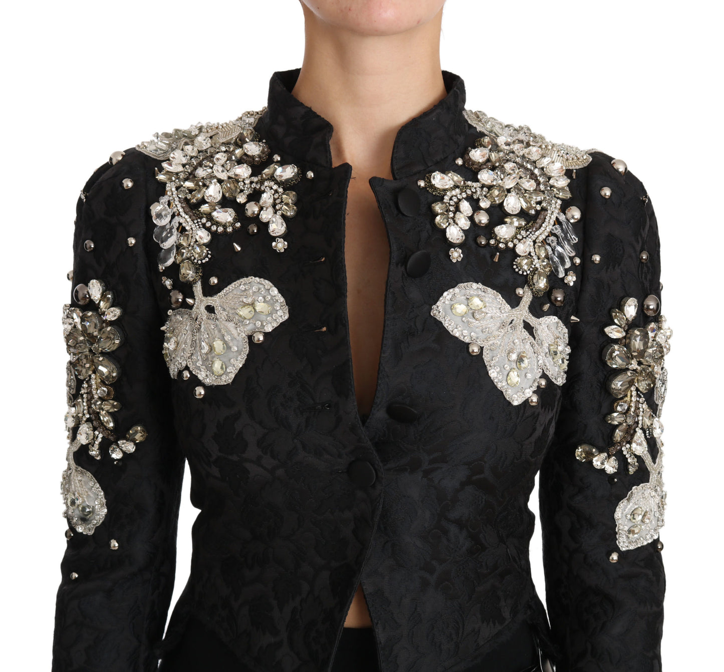 Dolce & Gabbana Schwarze Jacquard-Jacke mit Kristallblumenmuster