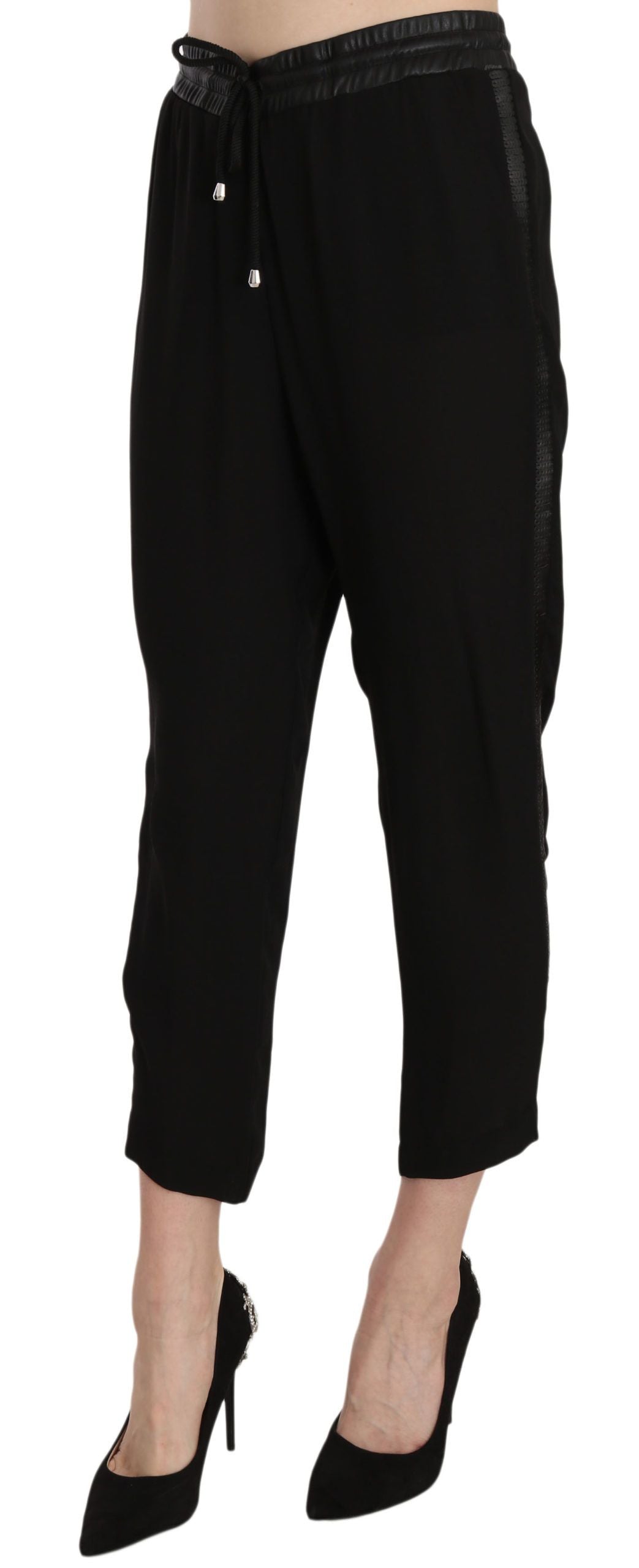 Guess – Schwarze, knöchellange Polyesterhose mit hoher Taille