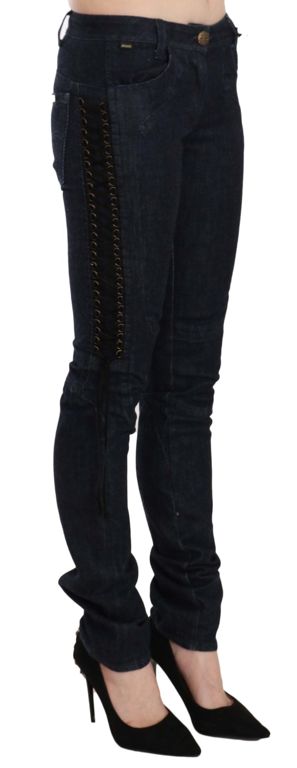 Just Cavalli – Enge Hose mit niedriger Taille und geflochtenen String-Hosen in Blau