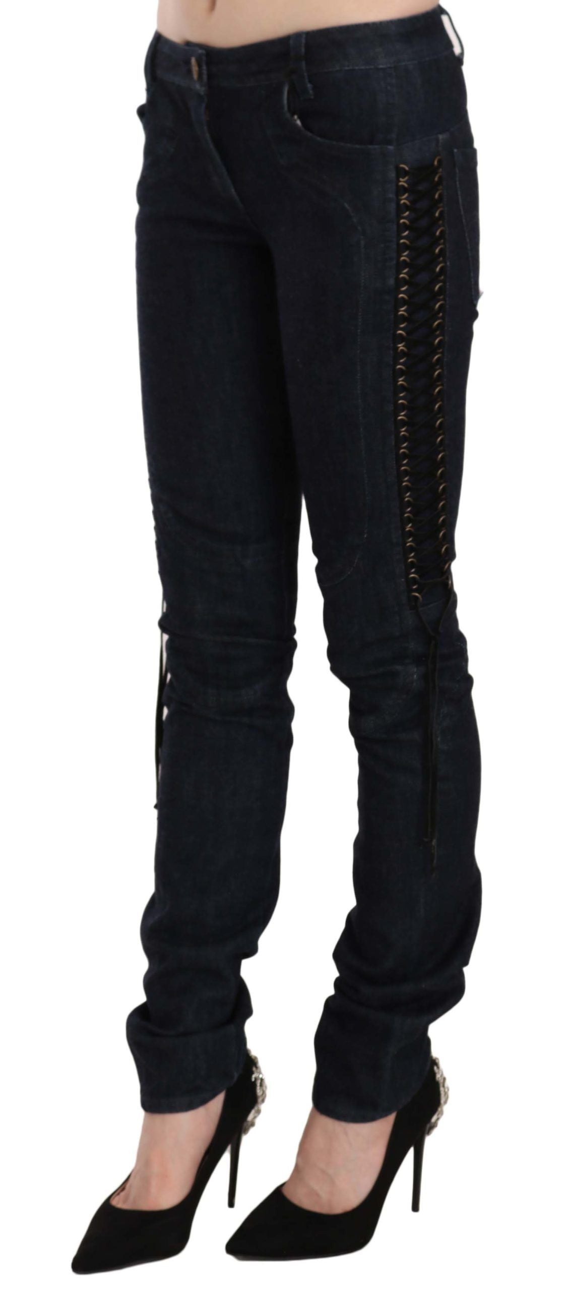 Just Cavalli – Enge Hose mit niedriger Taille und geflochtenen String-Hosen in Blau