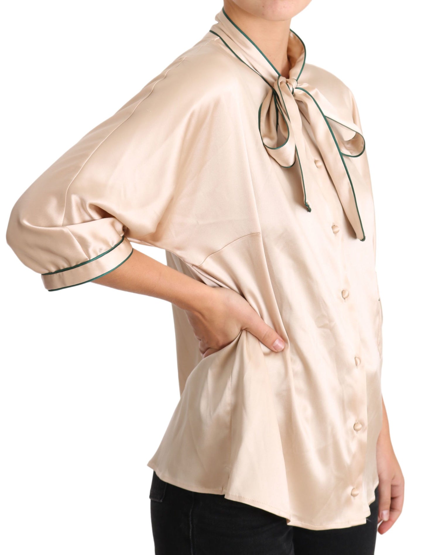 Dolce & Gabbana Beige Seiden-Stretch-Bluse mit Schleife