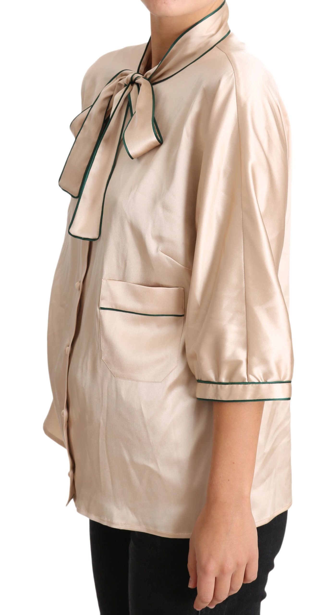 Dolce & Gabbana Beige Seiden-Stretch-Bluse mit Schleife