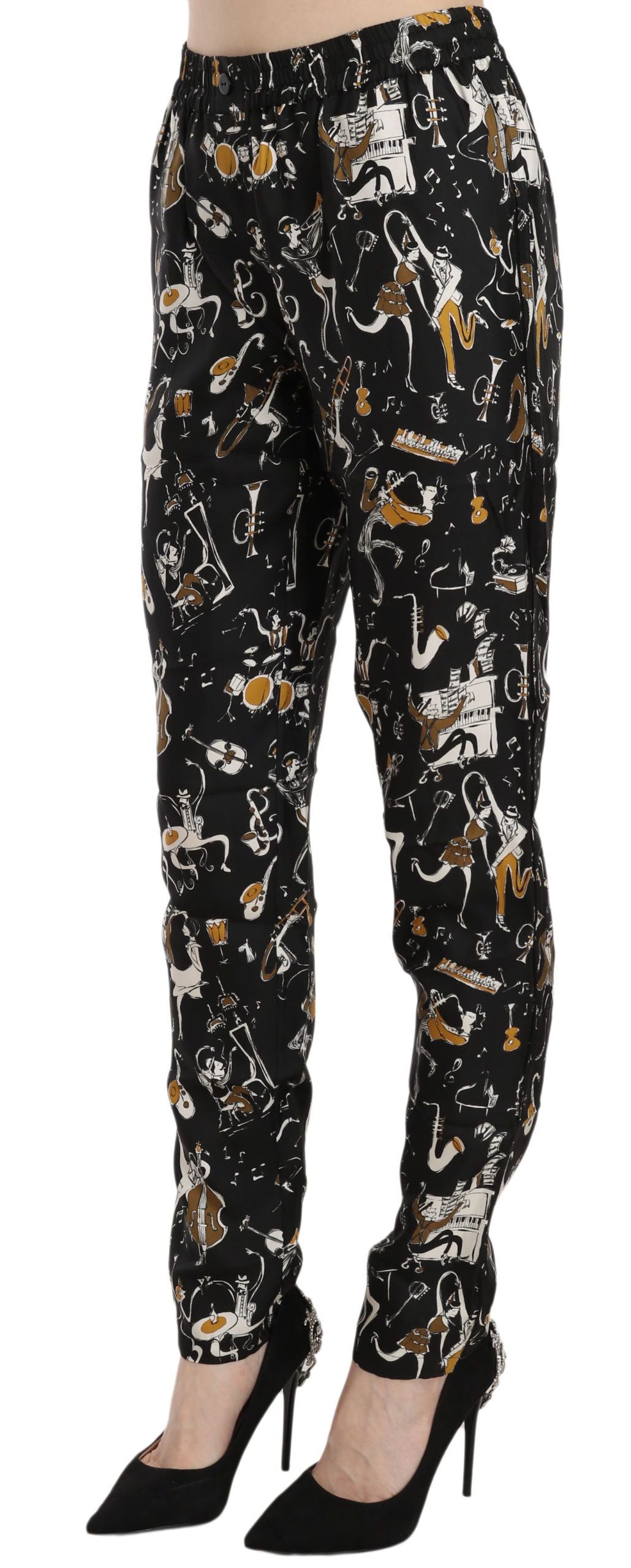 Dolce & Gabbana – Schwarze, hoch taillierte Karottenhose mit Jazz-Club-Print