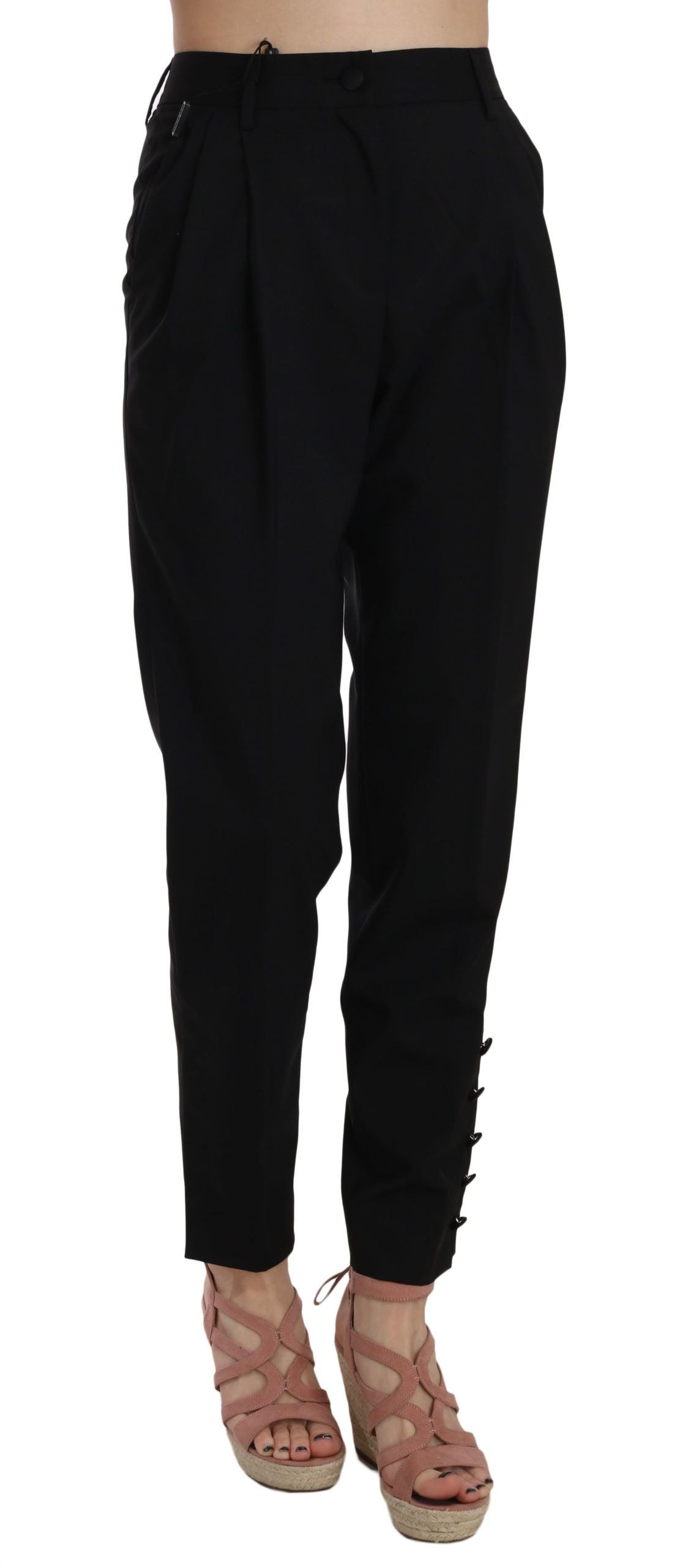 Dolce & Gabbana – Schwarze, plissierte, konische Hose mit Knöpfen