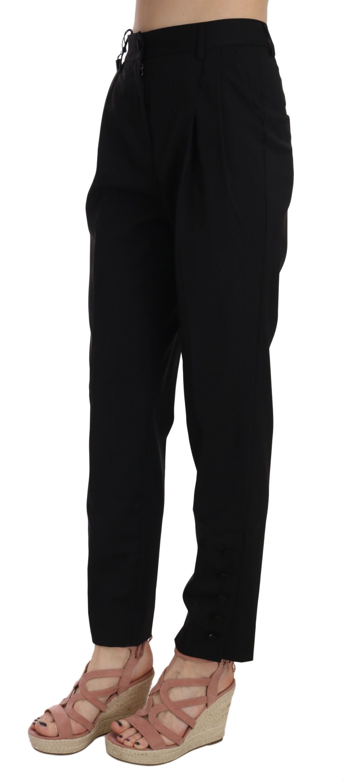Dolce & Gabbana – Schwarze, plissierte, konische Hose mit Knöpfen