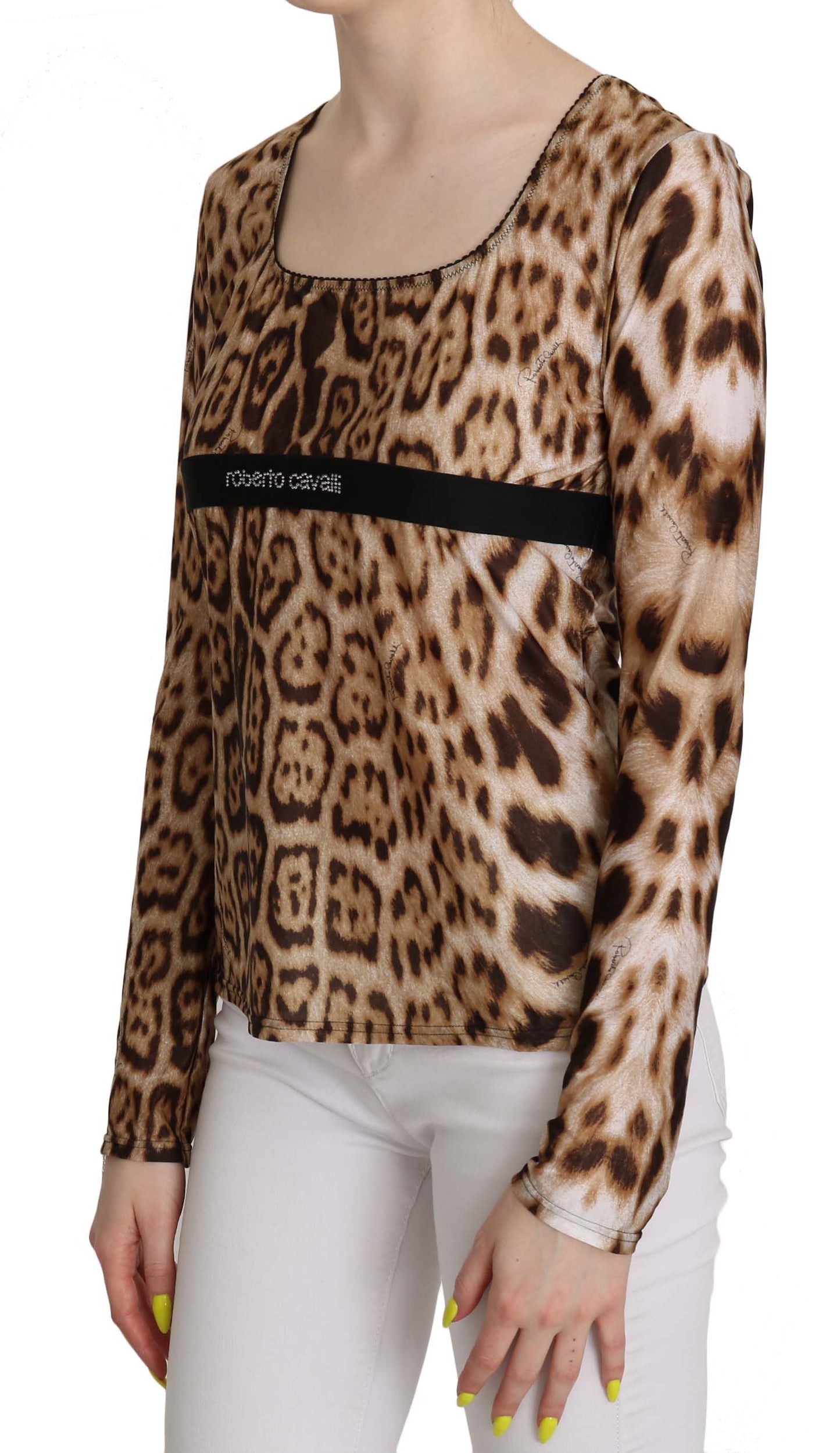 Roberto Cavalli Braune Bluse mit Rundhalsausschnitt und Leopardenmuster für Damen
