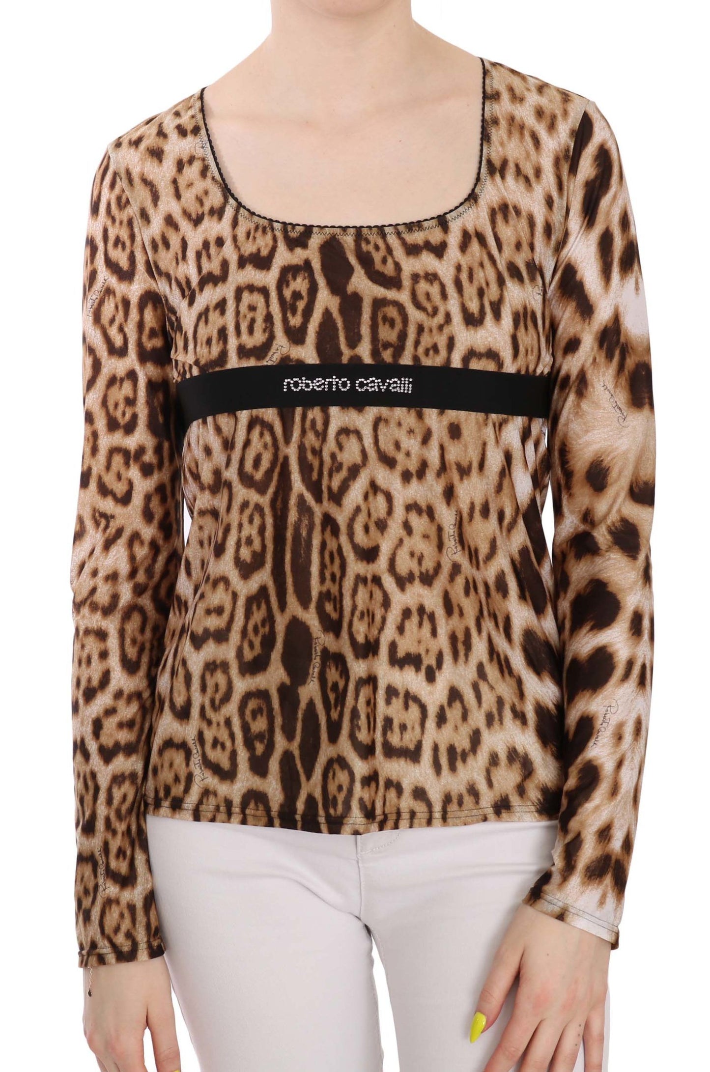 Roberto Cavalli Braune Bluse mit Rundhalsausschnitt und Leopardenmuster für Damen