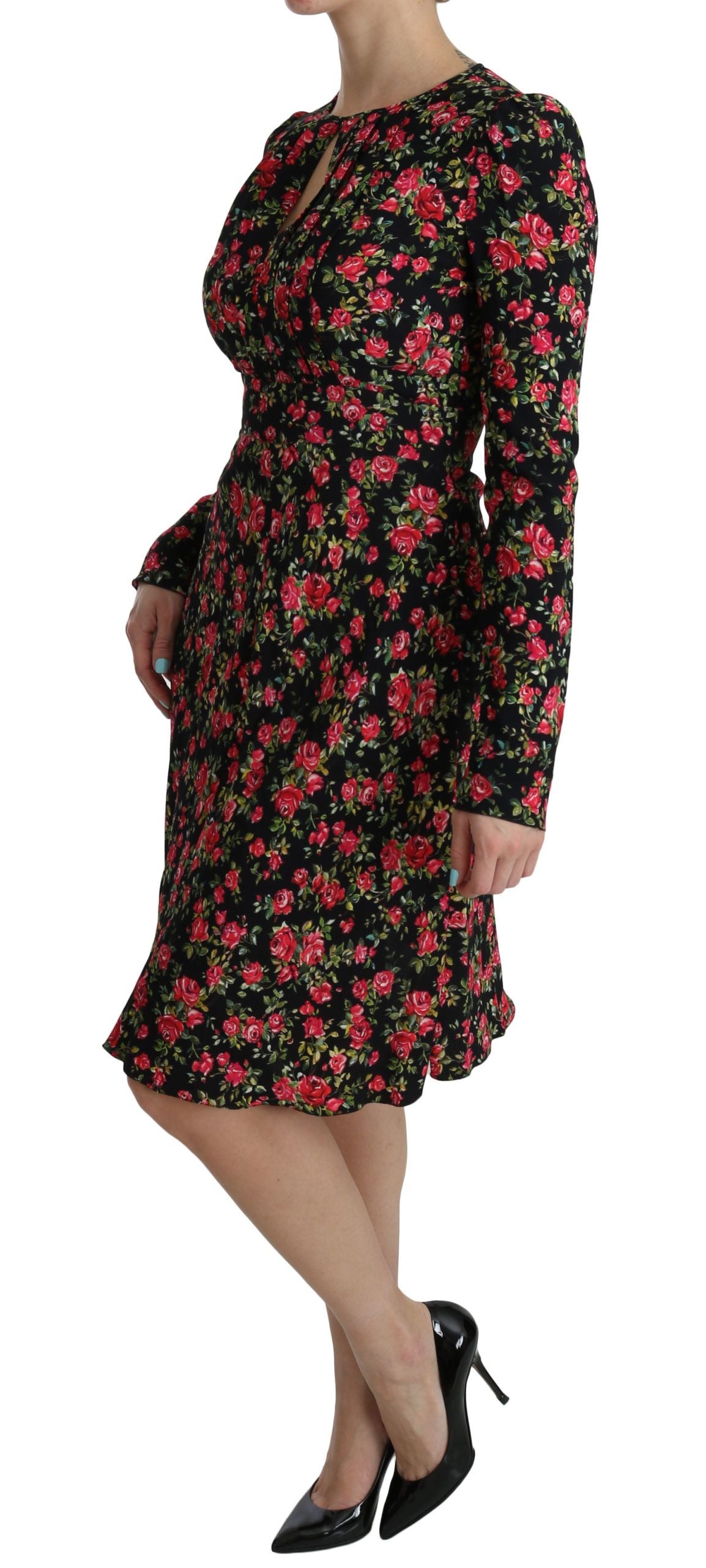 Dolce & Gabbana – Schwarzes, langärmliges, knielanges Kleid mit Blumenmuster