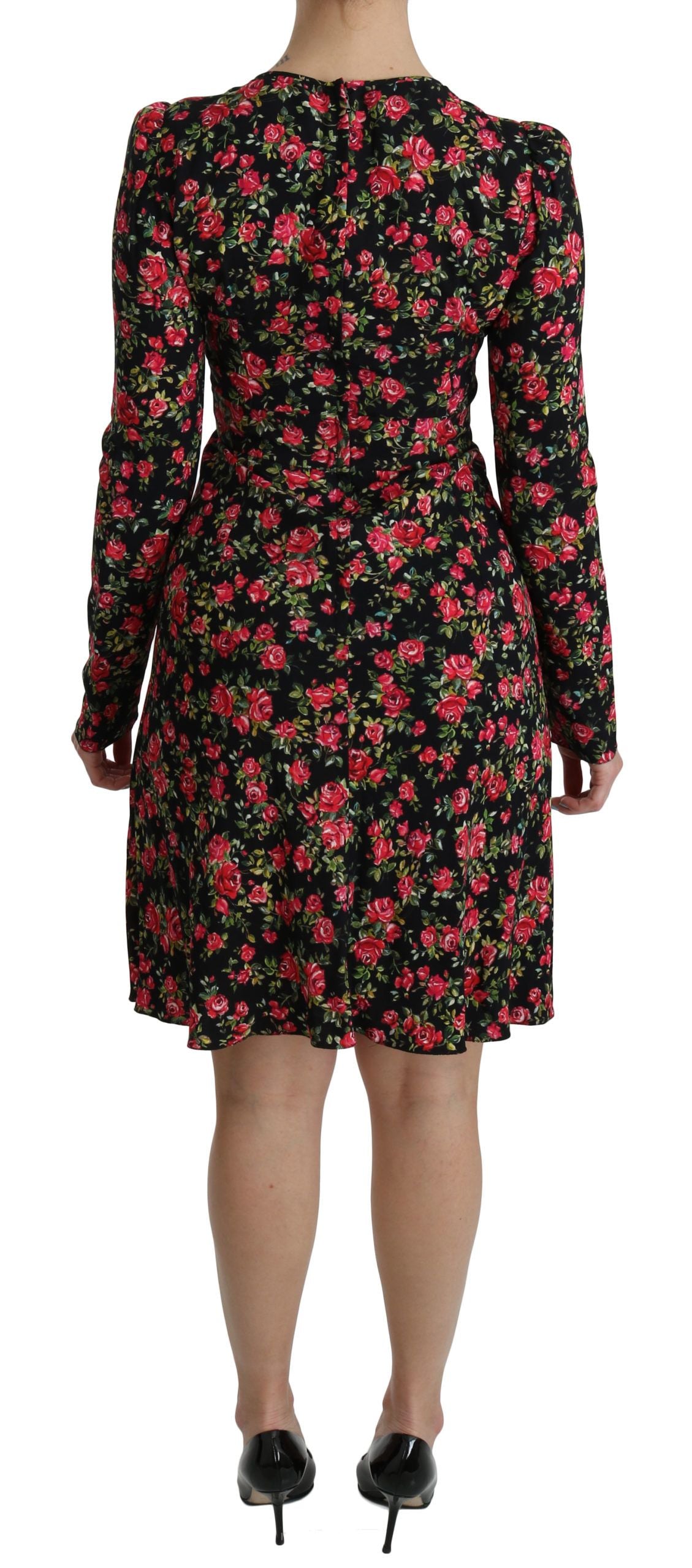 Dolce & Gabbana – Schwarzes, langärmliges, knielanges Kleid mit Blumenmuster