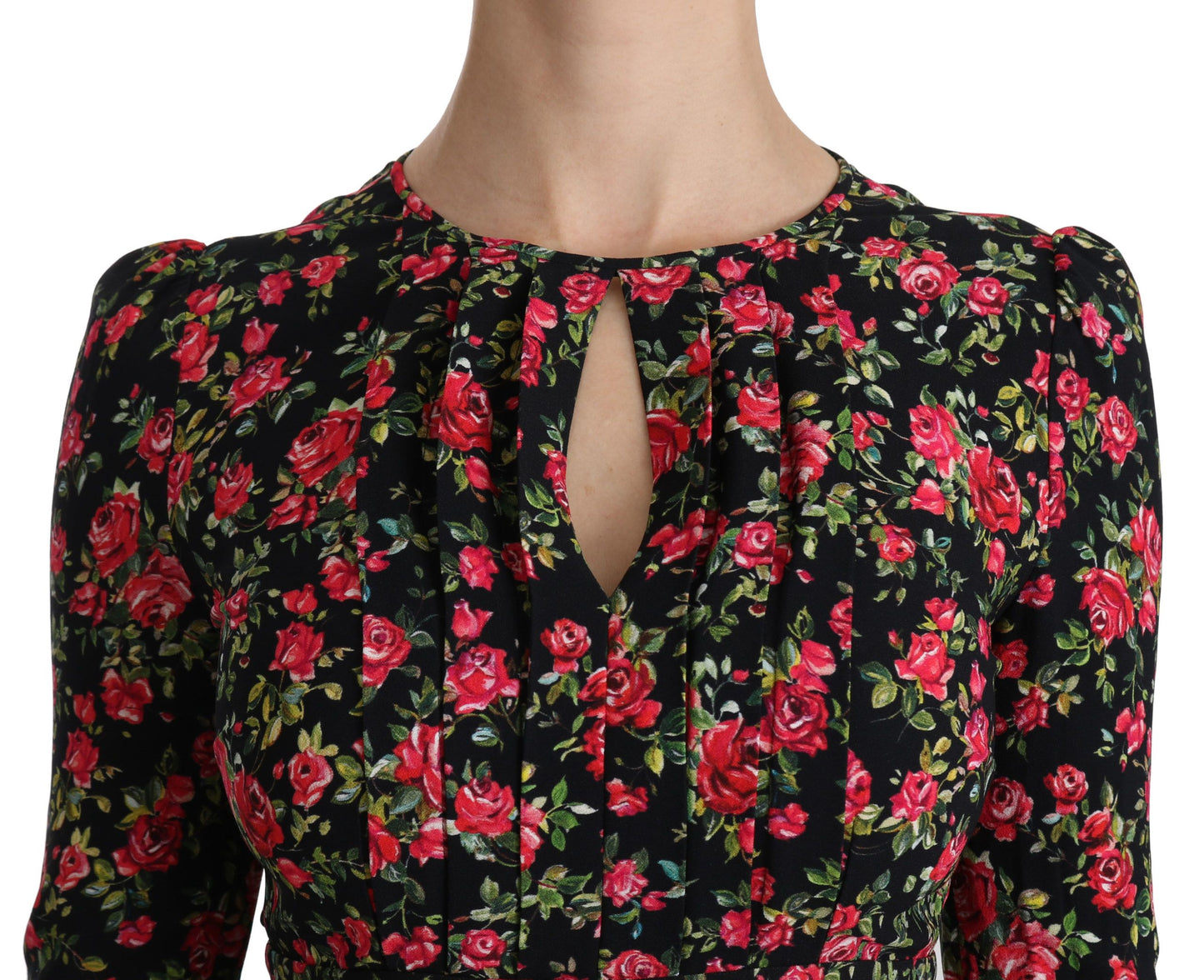 Dolce & Gabbana – Schwarzes, langärmliges, knielanges Kleid mit Blumenmuster