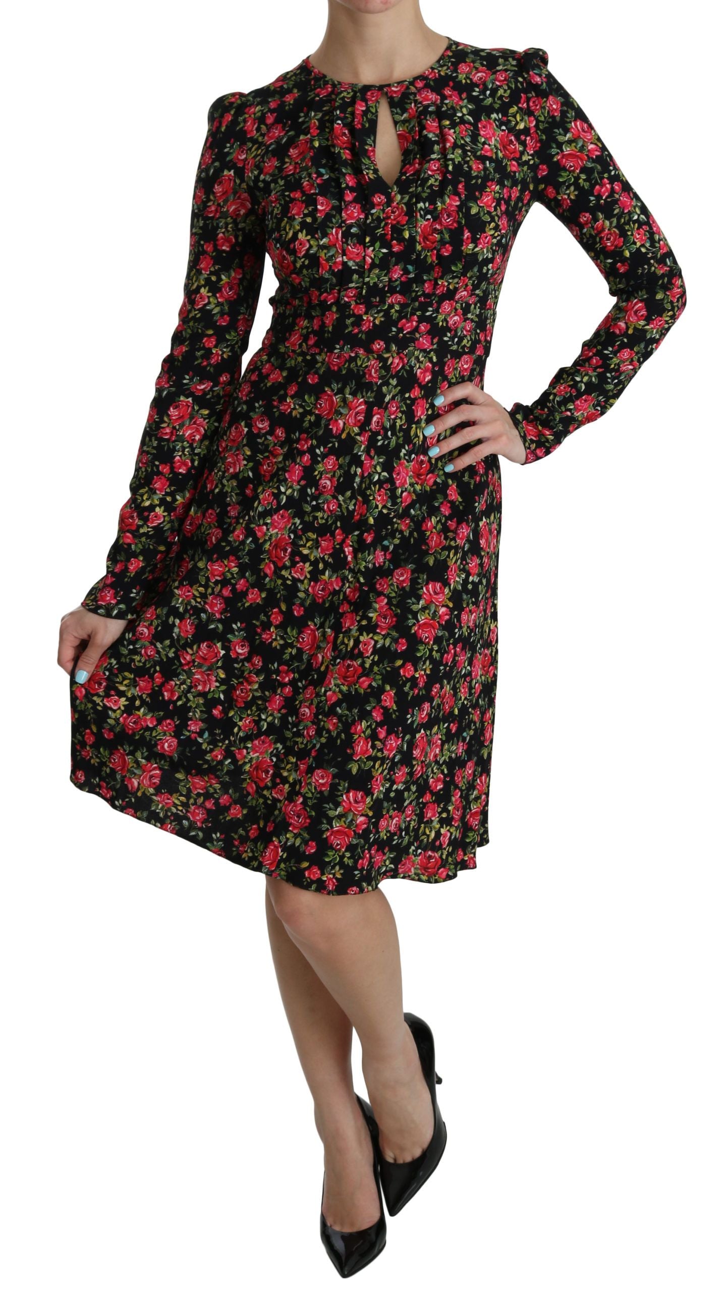 Dolce & Gabbana – Schwarzes, langärmliges, knielanges Kleid mit Blumenmuster