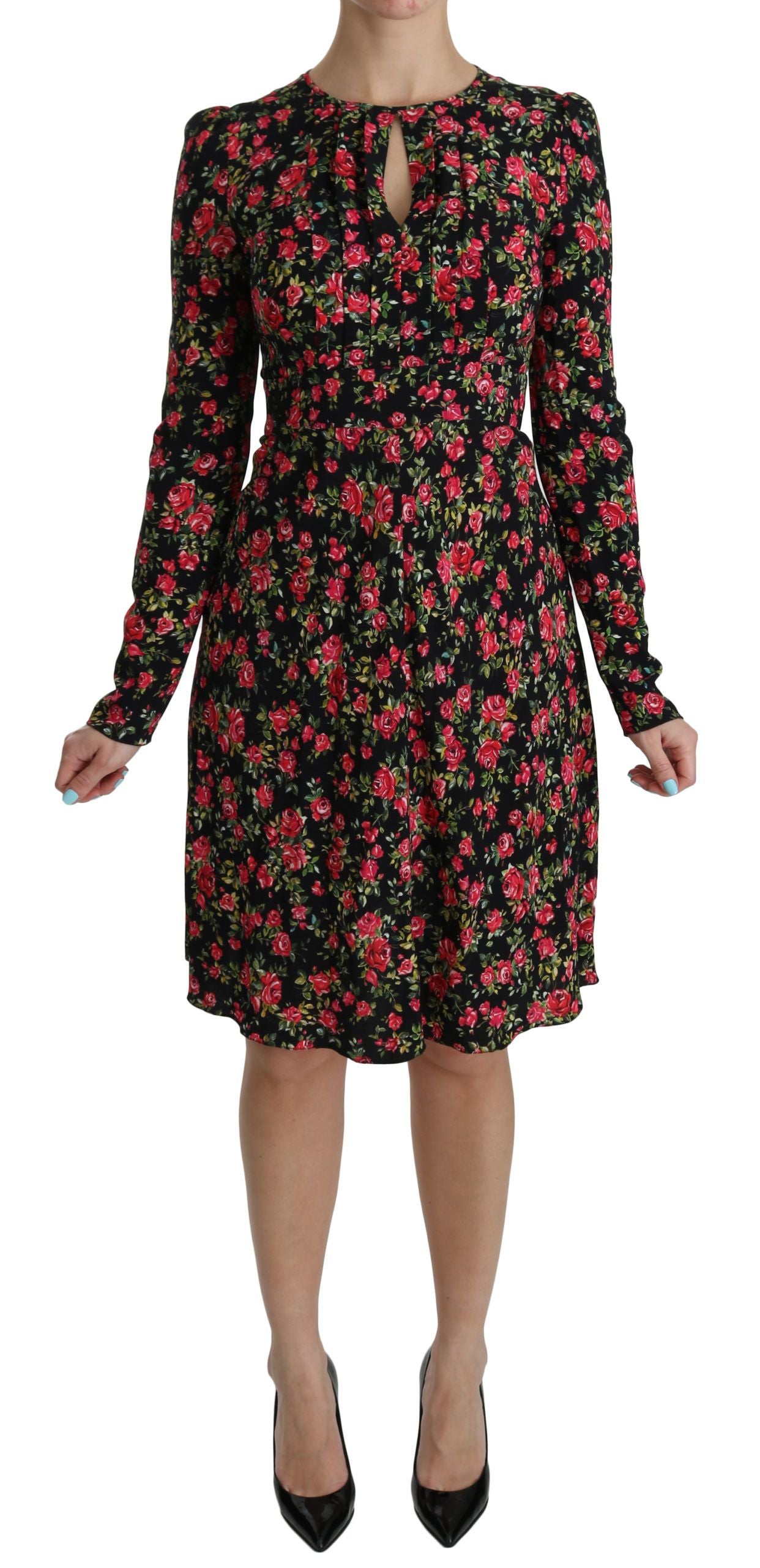 Dolce & Gabbana – Schwarzes, langärmliges, knielanges Kleid mit Blumenmuster
