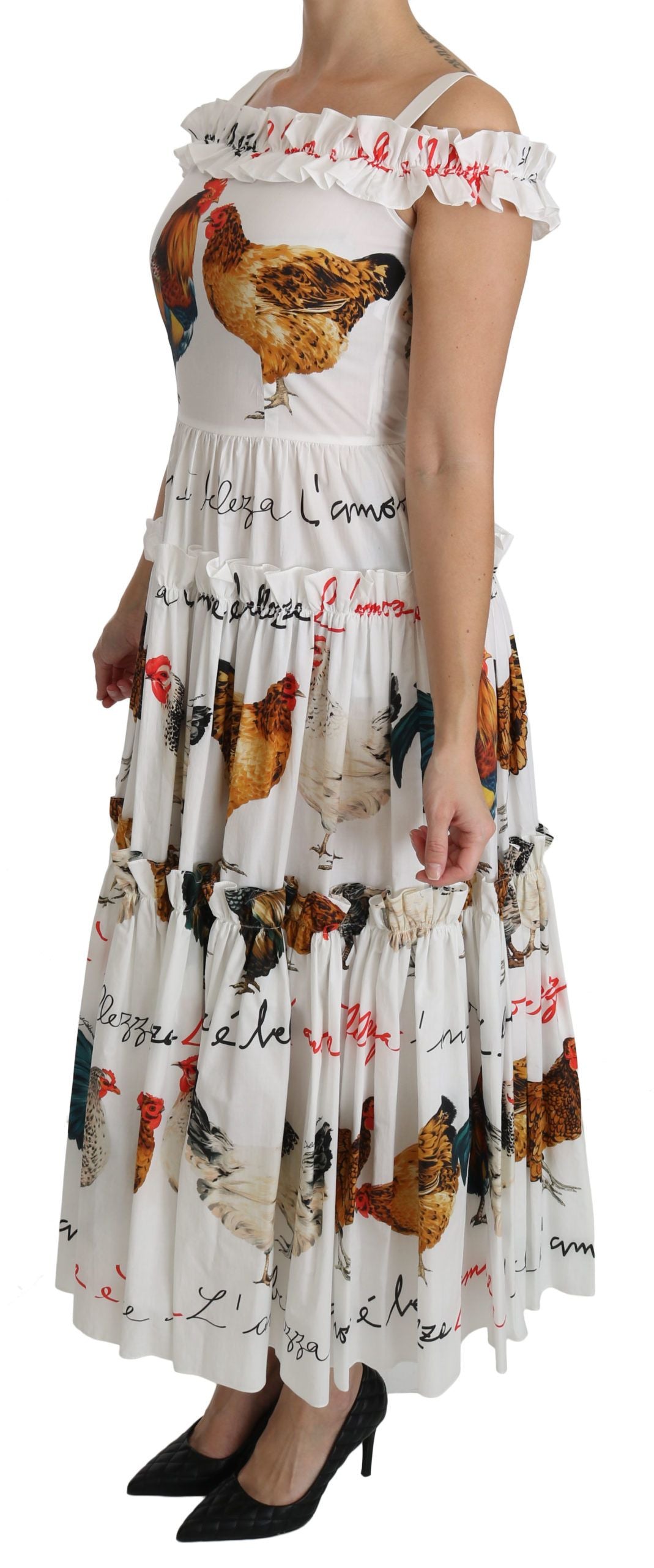 Dolce & Gabbana Weißes Midi-Etuikleid aus Baumwolle mit Hahnentrittmuster