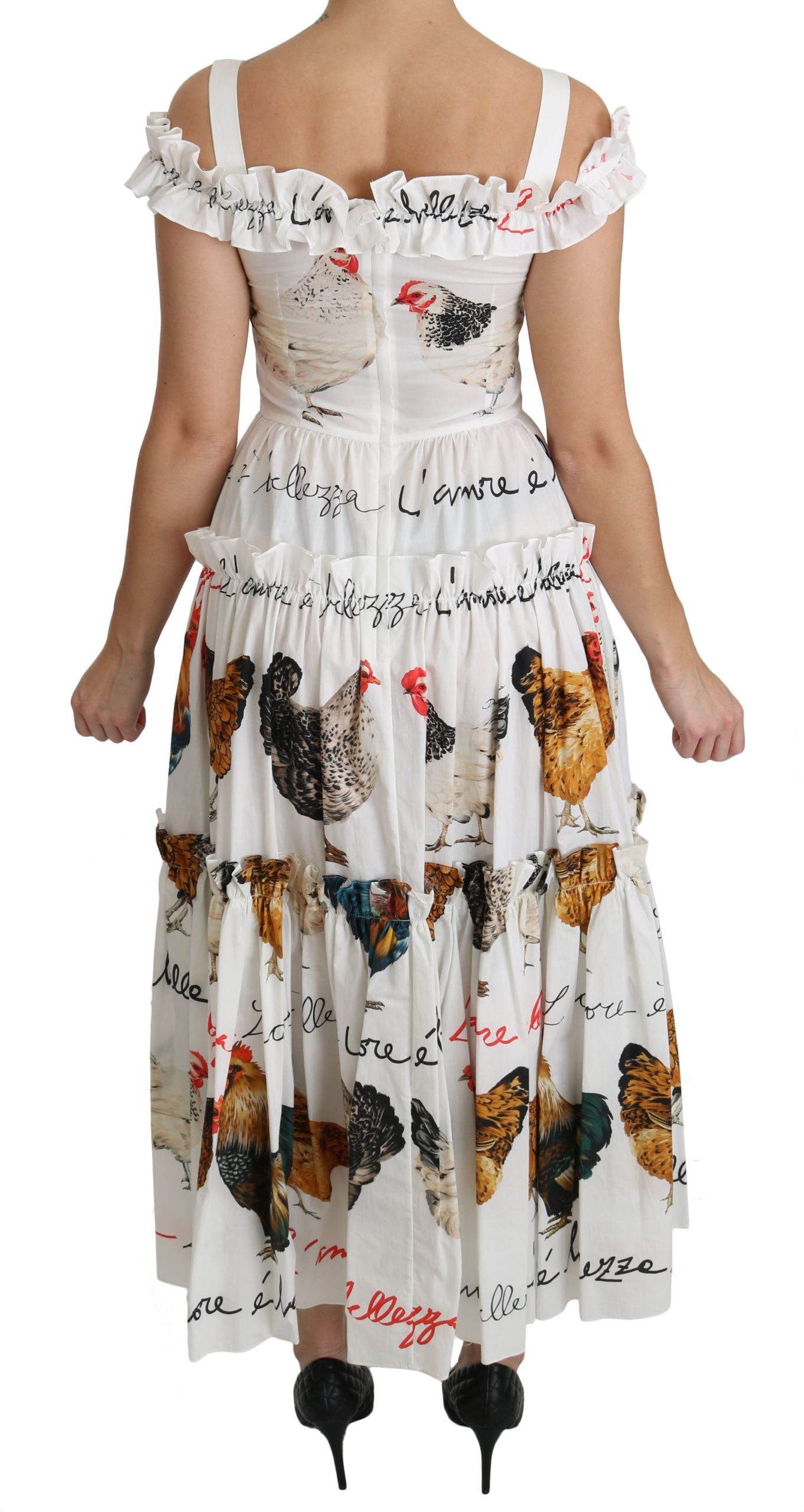 Dolce & Gabbana Weißes Midi-Etuikleid aus Baumwolle mit Hahnentrittmuster