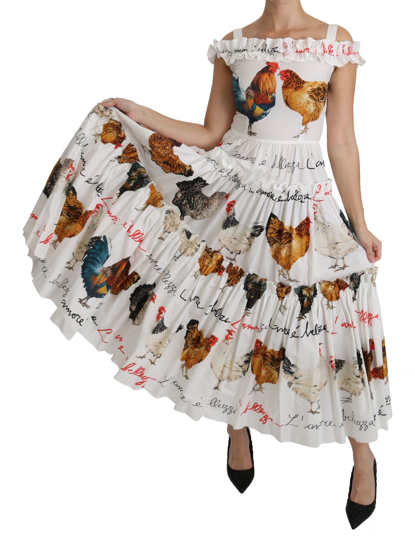 Dolce & Gabbana Weißes Midi-Etuikleid aus Baumwolle mit Hahnentrittmuster
