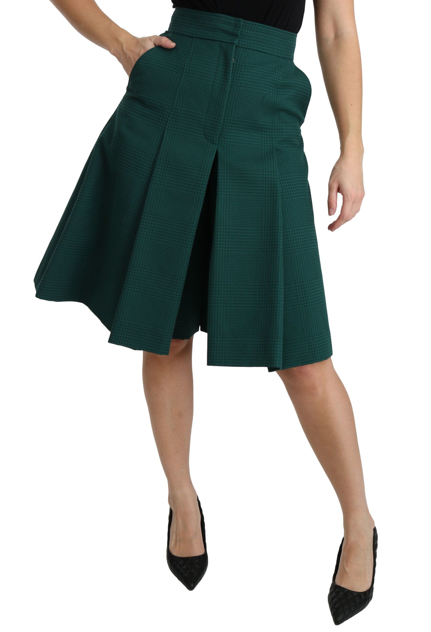 Dolce & Gabbana Grüner plissierter A-Linien-Baumwollrock mit hoher Taille