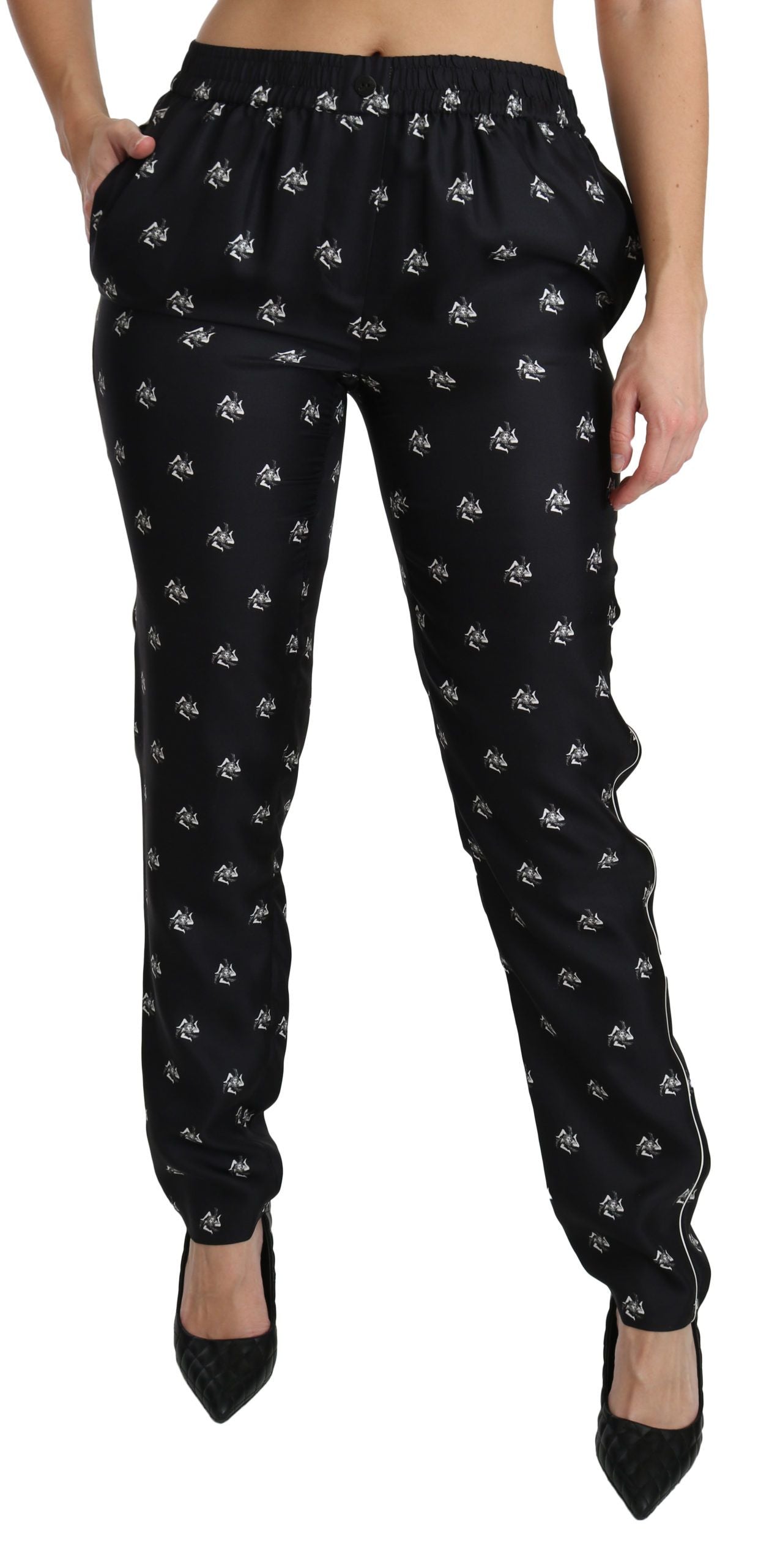 Dolce & Gabbana – Schwarze, bedruckte Skinny-Hose aus Seide mit mittlerer Taille