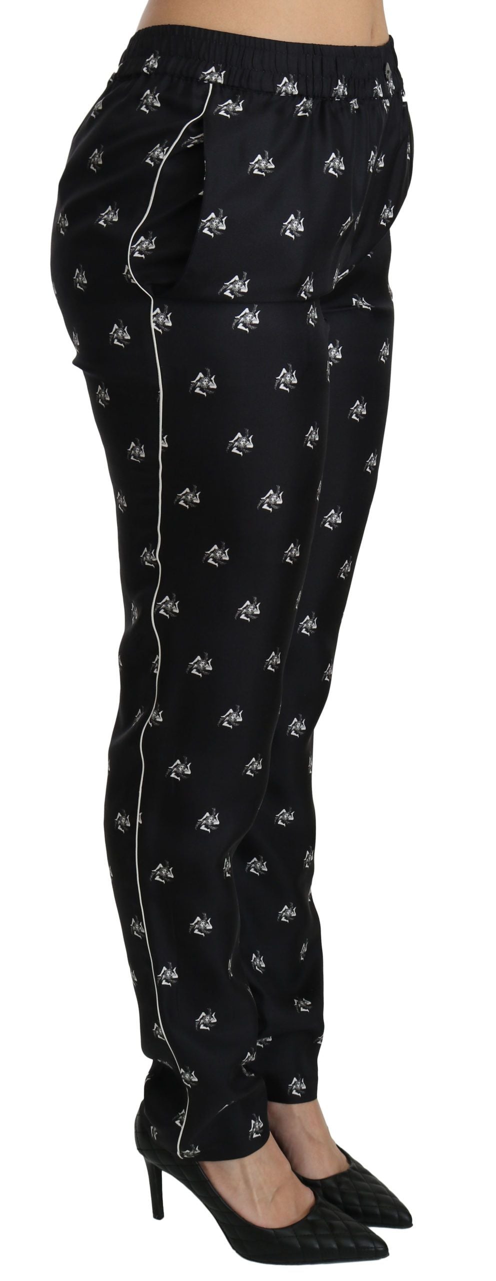 Dolce & Gabbana – Schwarze, bedruckte Skinny-Hose aus Seide mit mittlerer Taille