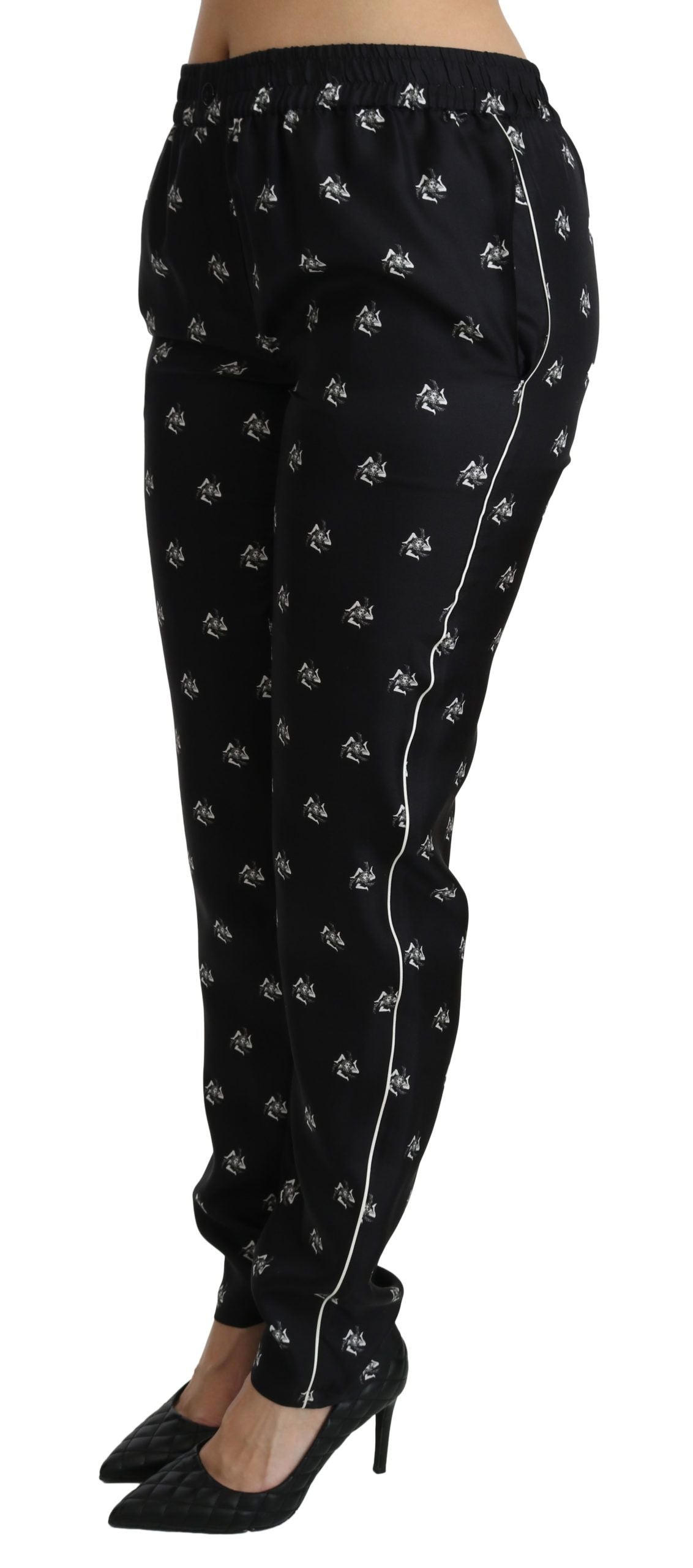 Dolce & Gabbana – Schwarze, bedruckte Skinny-Hose aus Seide mit mittlerer Taille