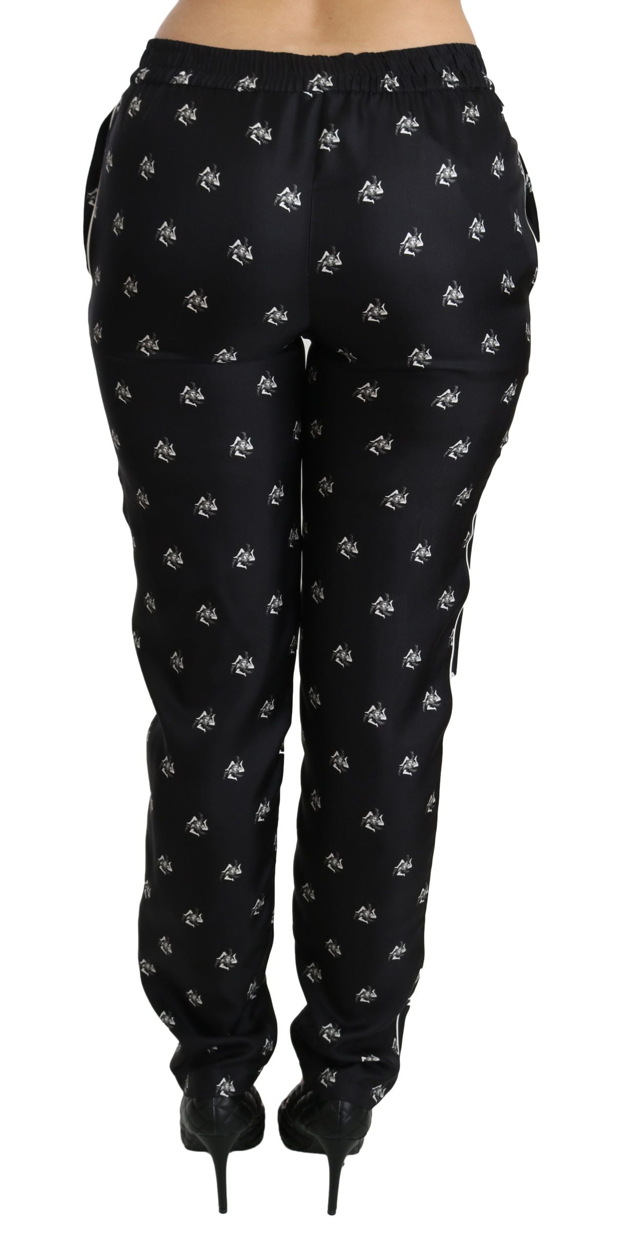 Dolce & Gabbana – Schwarze, bedruckte Skinny-Hose aus Seide mit mittlerer Taille