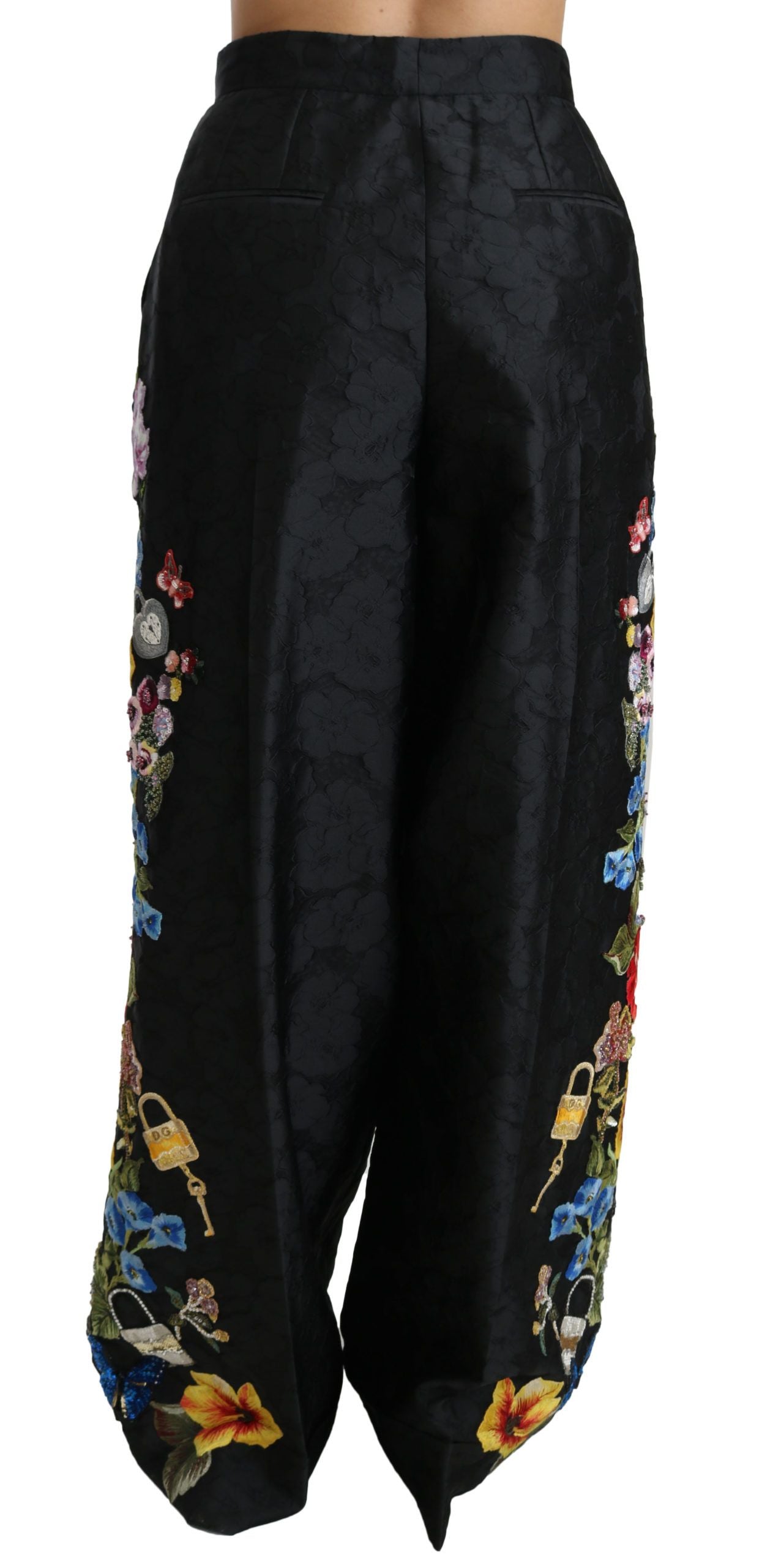 Dolce & Gabbana Schwarze Brokathose mit Blumenmuster und Pailletten