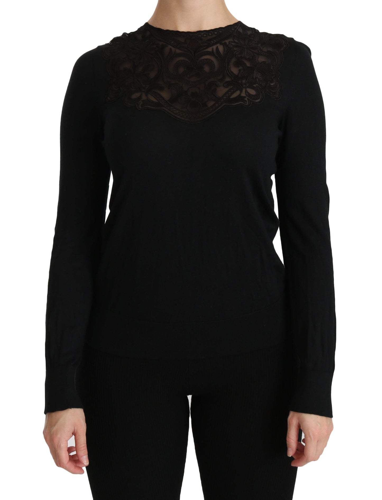 Dolce & Gabbana – Schwarze Bluse mit Rundhalsausschnitt und langen Ärmeln aus Seidenspitze