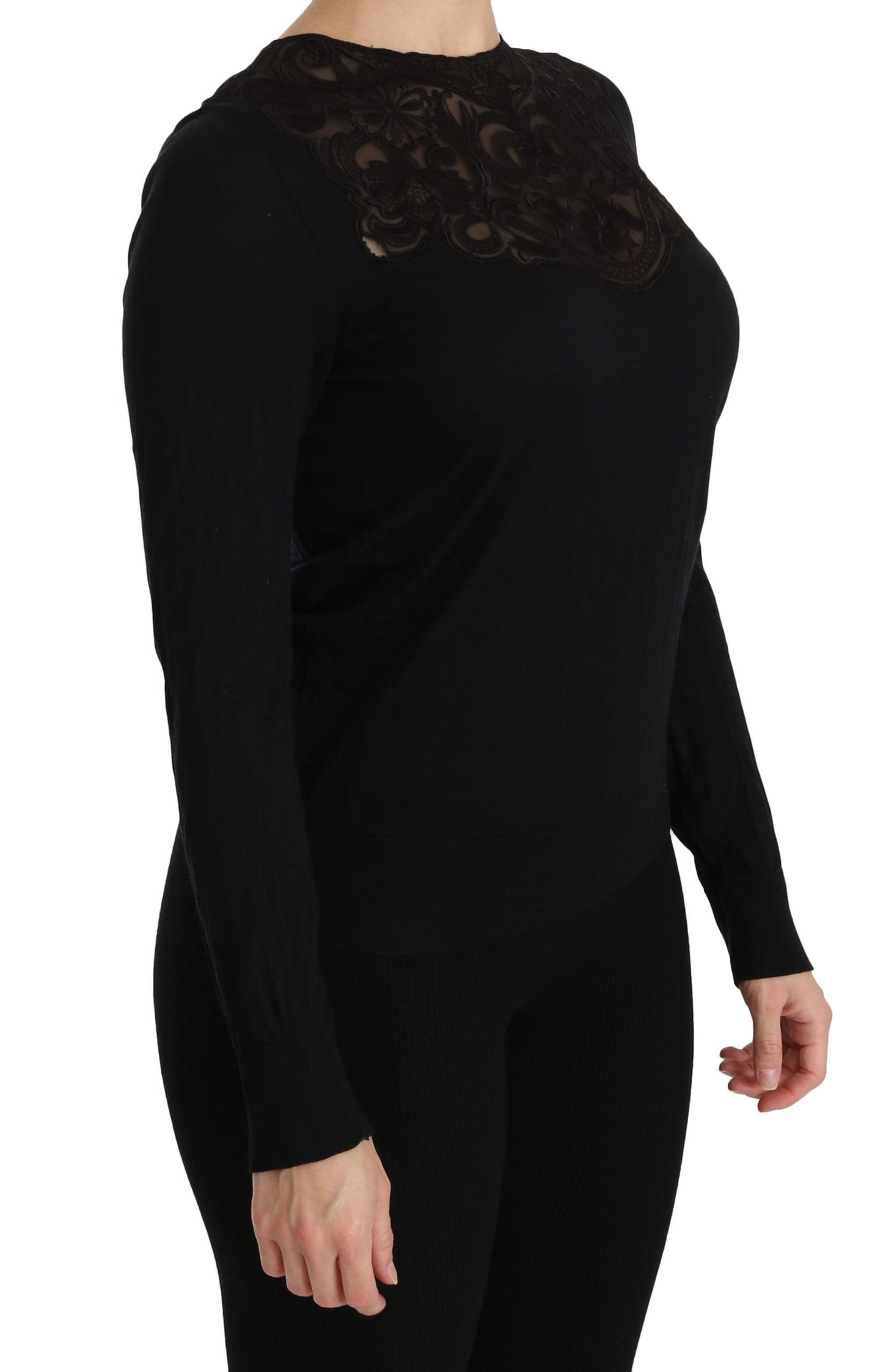 Dolce & Gabbana – Schwarze Bluse mit Rundhalsausschnitt und langen Ärmeln aus Seidenspitze