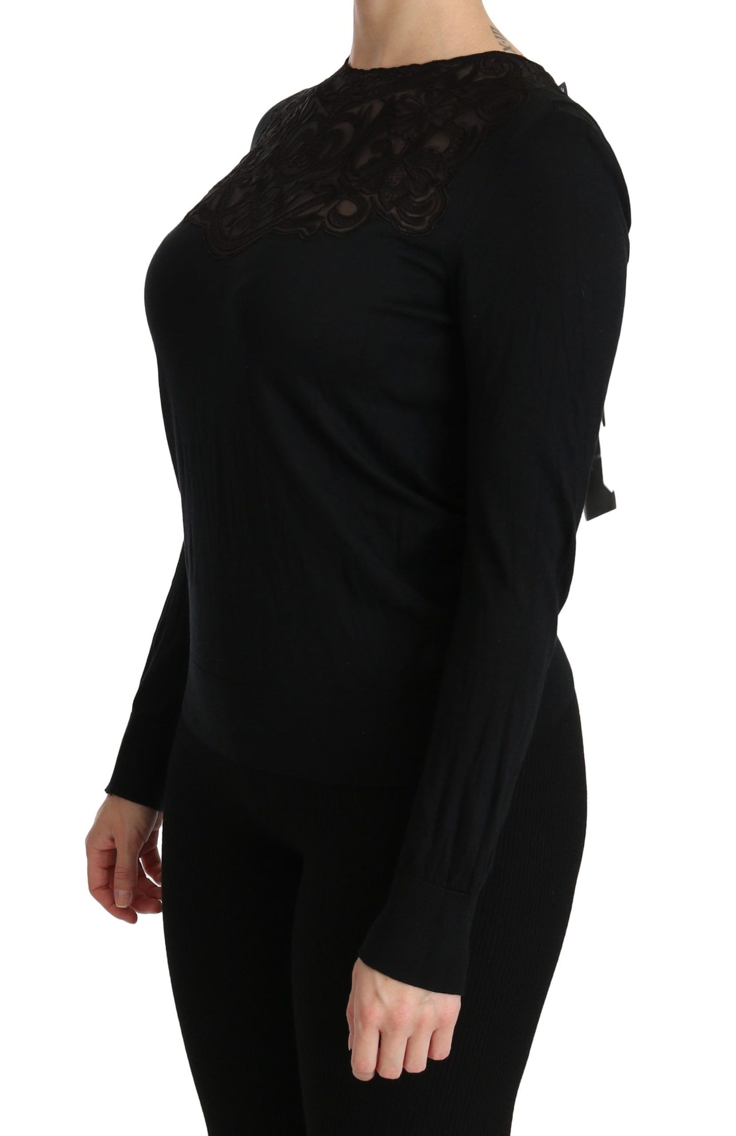 Dolce & Gabbana – Schwarze Bluse mit Rundhalsausschnitt und langen Ärmeln aus Seidenspitze