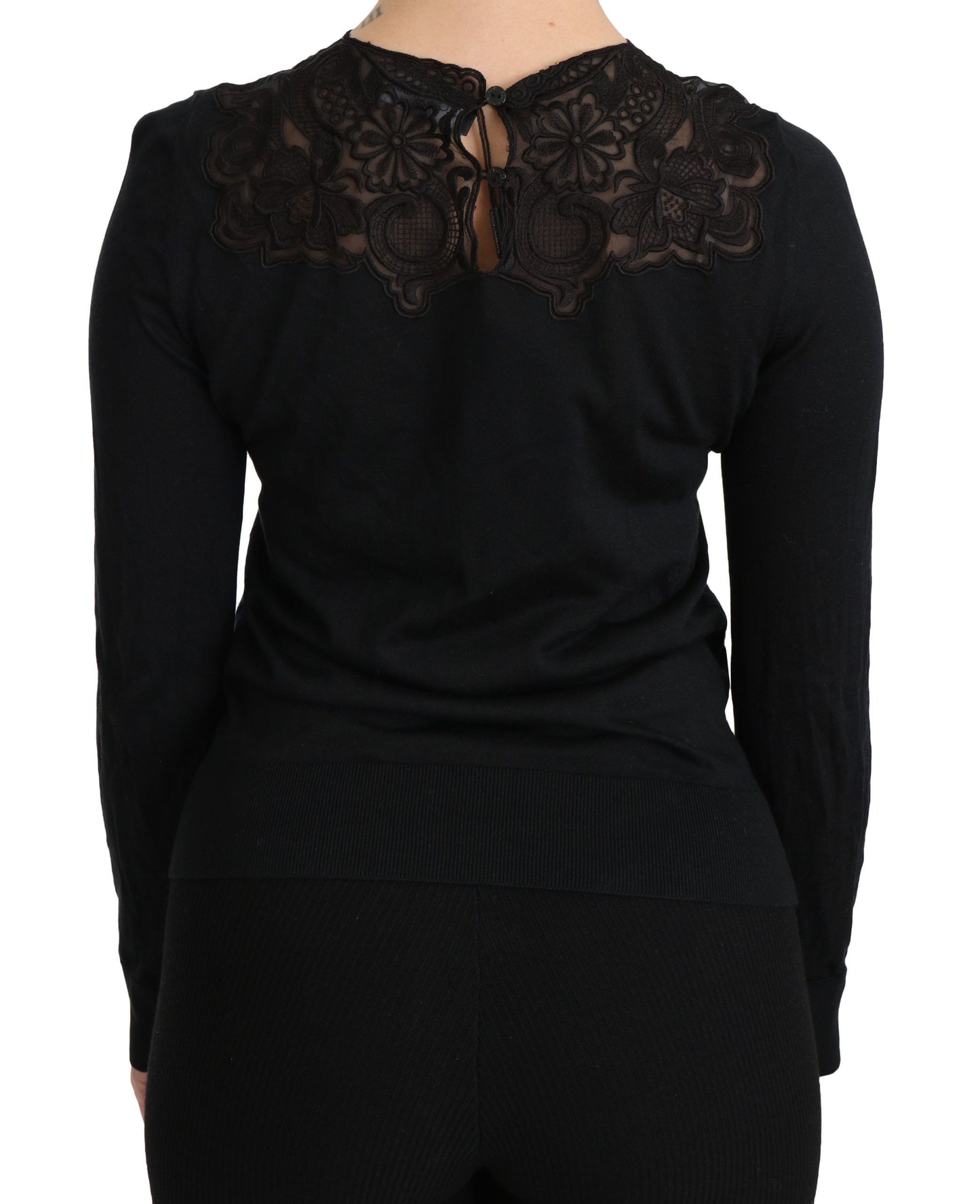 Dolce & Gabbana – Schwarze Bluse mit Rundhalsausschnitt und langen Ärmeln aus Seidenspitze