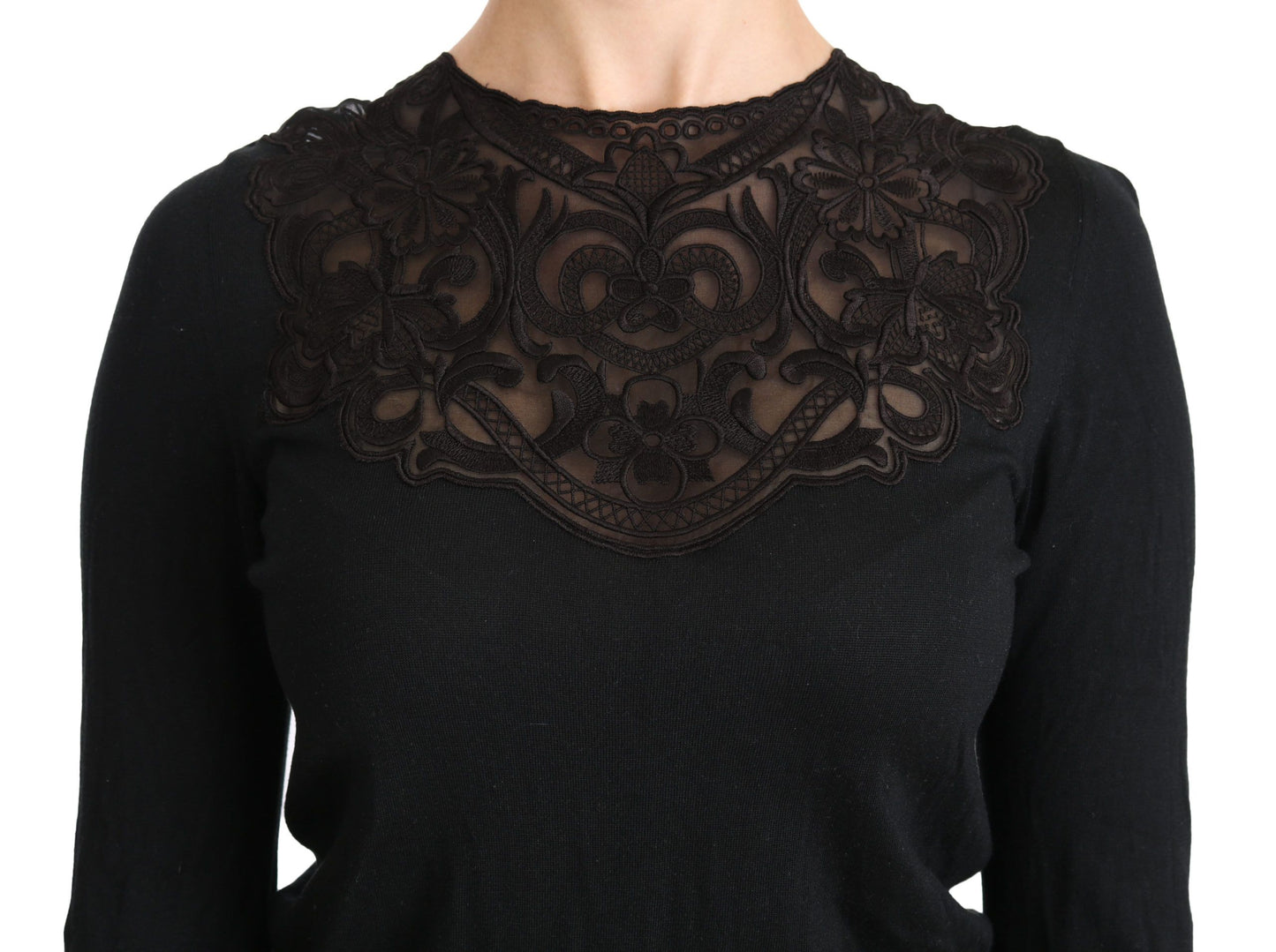 Dolce & Gabbana – Schwarze Bluse mit Rundhalsausschnitt und langen Ärmeln aus Seidenspitze