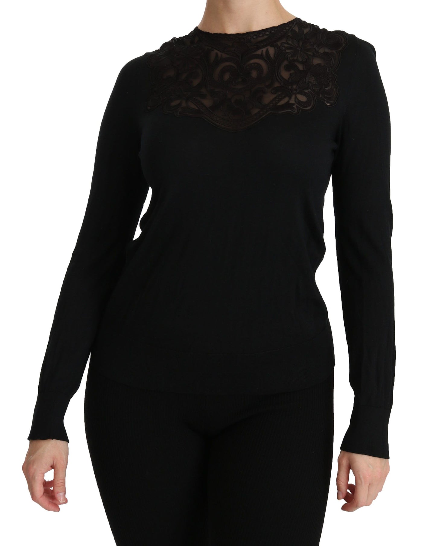 Dolce & Gabbana – Schwarze Bluse mit Rundhalsausschnitt und langen Ärmeln aus Seidenspitze