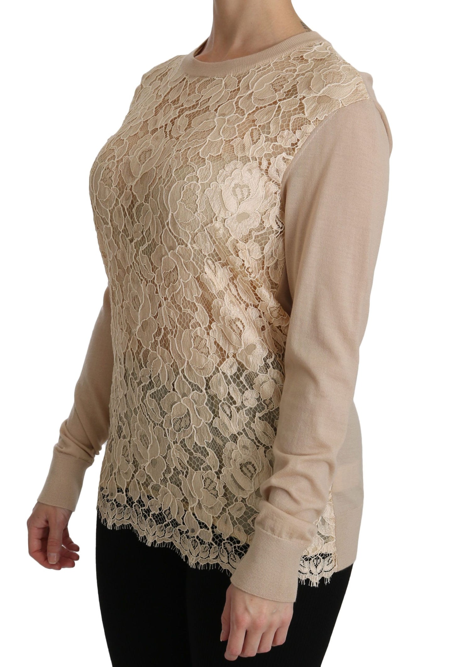 Dolce & Gabbana Beige Langarm-Spitzenoberteil Kaschmirbluse
