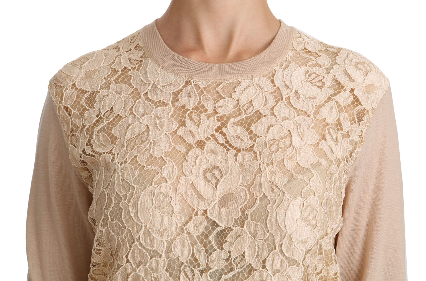 Dolce & Gabbana Beige Langarm-Spitzenoberteil Kaschmirbluse