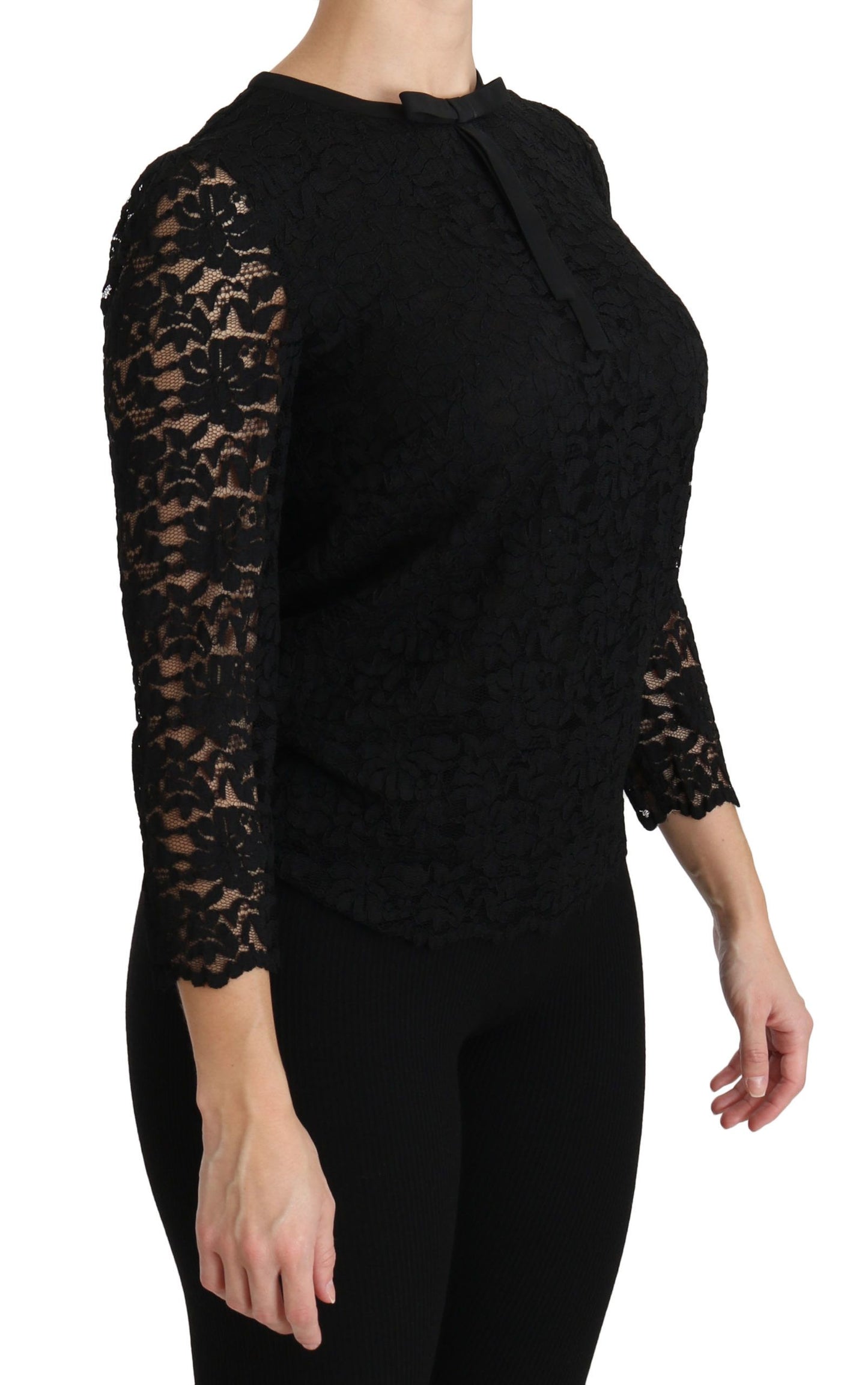 Dolce & Gabbana – Schwarze, langärmlige Nylonbluse mit Spitze