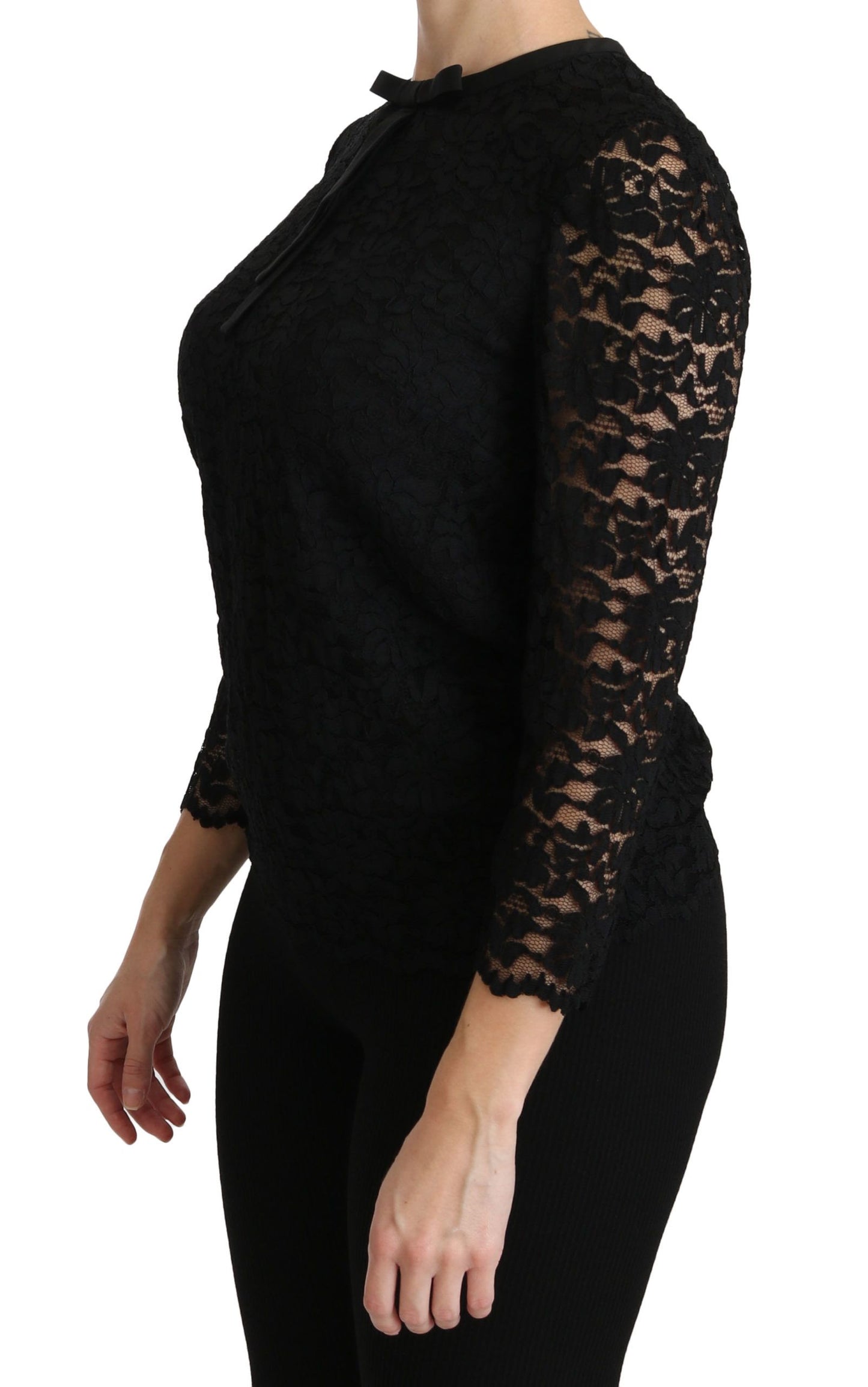 Dolce & Gabbana – Schwarze, langärmlige Nylonbluse mit Spitze