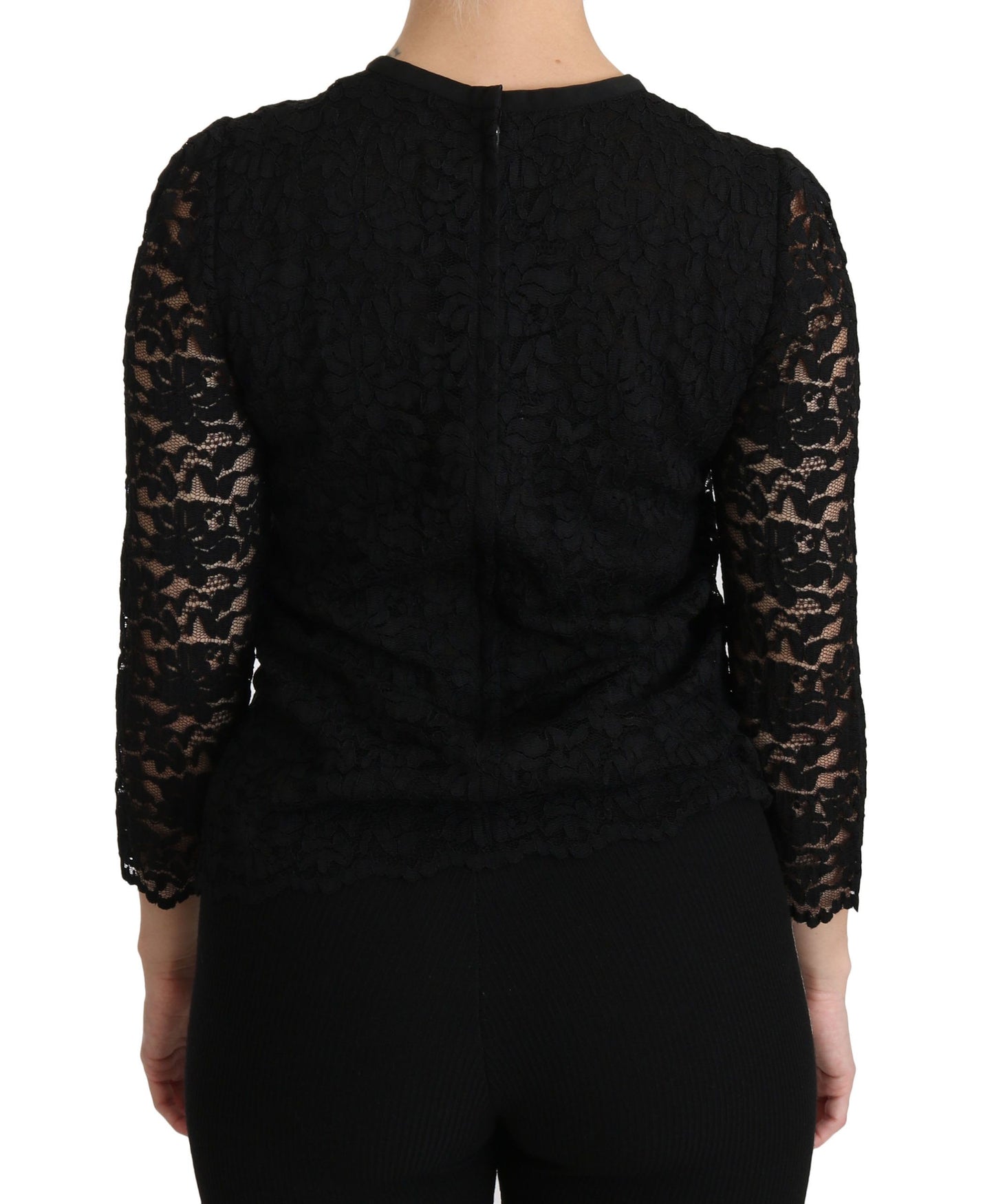 Dolce & Gabbana – Schwarze, langärmlige Nylonbluse mit Spitze