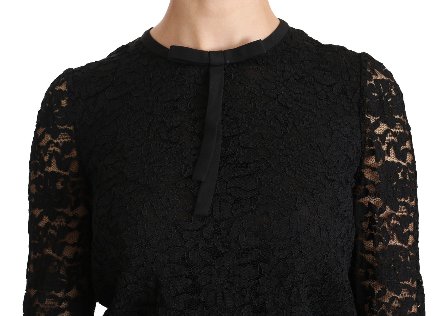 Dolce & Gabbana – Schwarze, langärmlige Nylonbluse mit Spitze