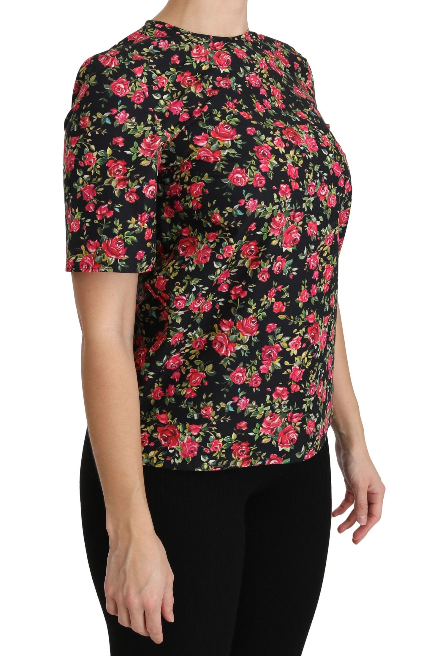 Dolce & Gabbana – Schwarze Bluse mit Blumenmuster und Rosenmuster, kurzärmlig