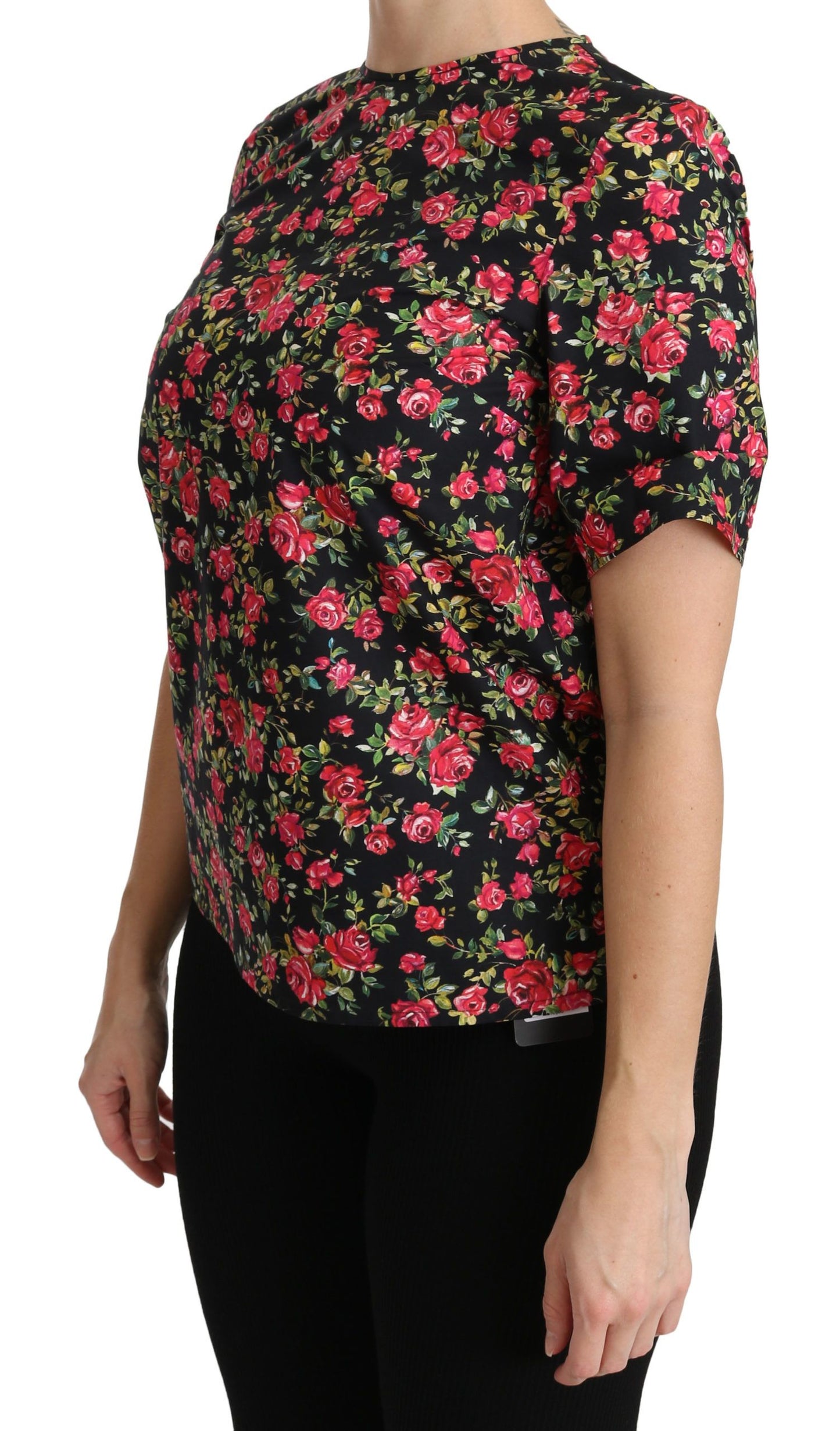 Dolce & Gabbana – Schwarze Bluse mit Blumenmuster und Rosenmuster, kurzärmlig
