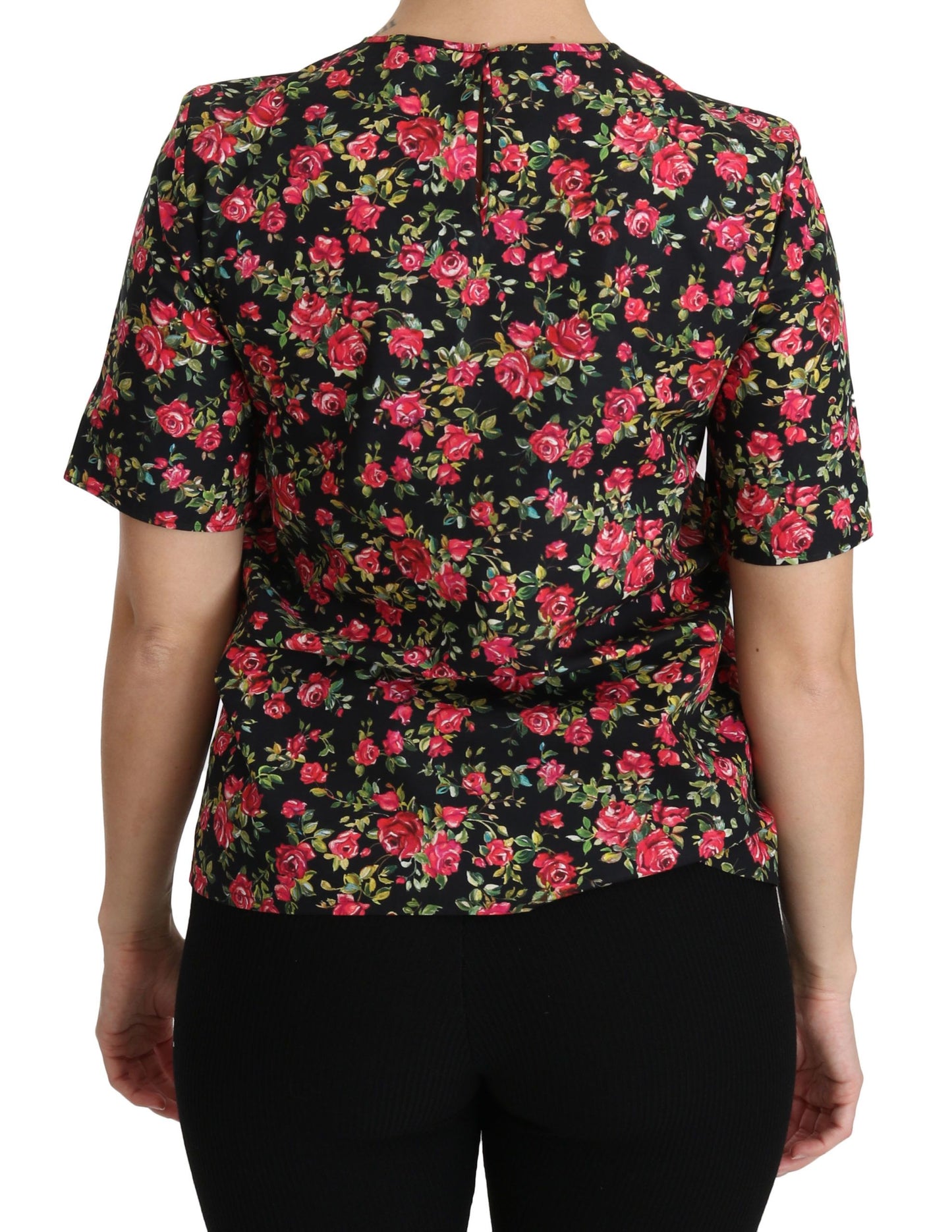 Dolce & Gabbana – Schwarze Bluse mit Blumenmuster und Rosenmuster, kurzärmlig