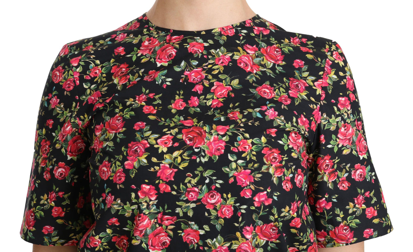 Dolce & Gabbana – Schwarze Bluse mit Blumenmuster und Rosenmuster, kurzärmlig