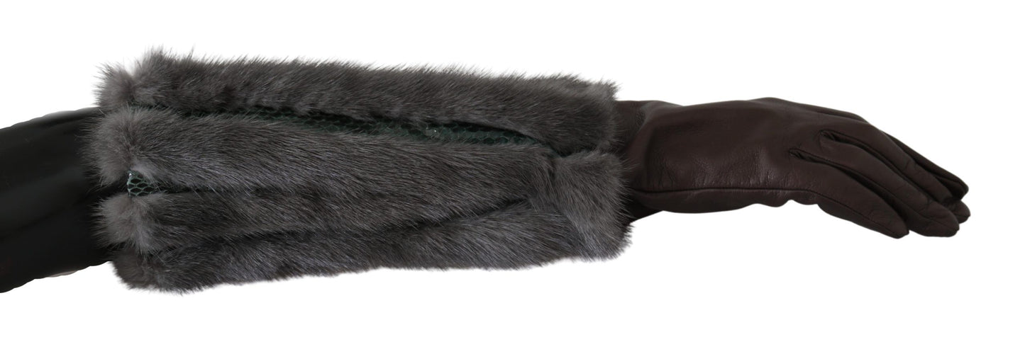 Dolce & Gabbana – Braune, mittellange Lederpelzhandschuhe