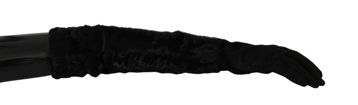 Dolce & Gabbana – Schwarze, ellenbogenlange Fäustlinge aus Wildleder und Pelz
