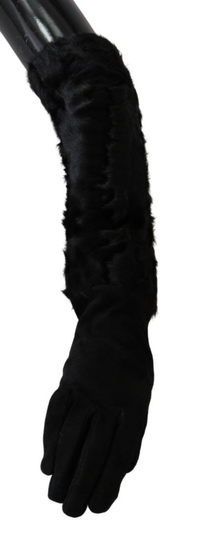 Dolce & Gabbana – Schwarze, ellenbogenlange Fäustlinge aus Wildleder und Pelz