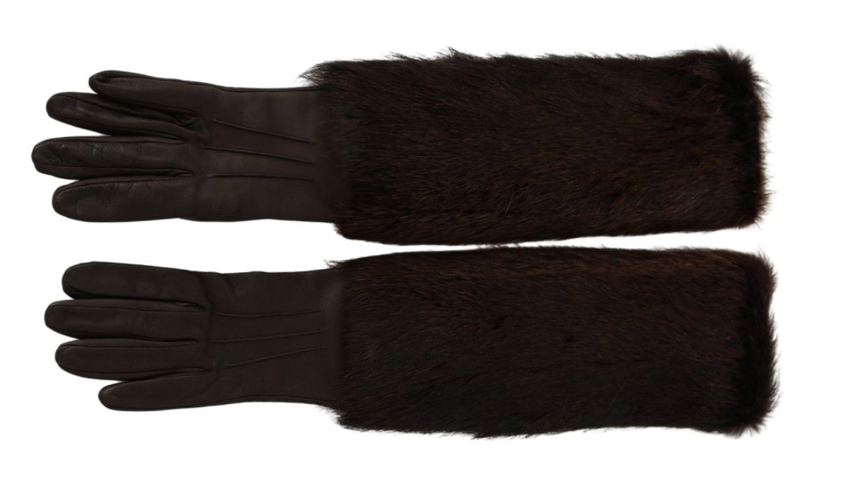 Dolce & Gabbana Braune, ellenbogenlange Fäustlinge aus Leder und Pelz
