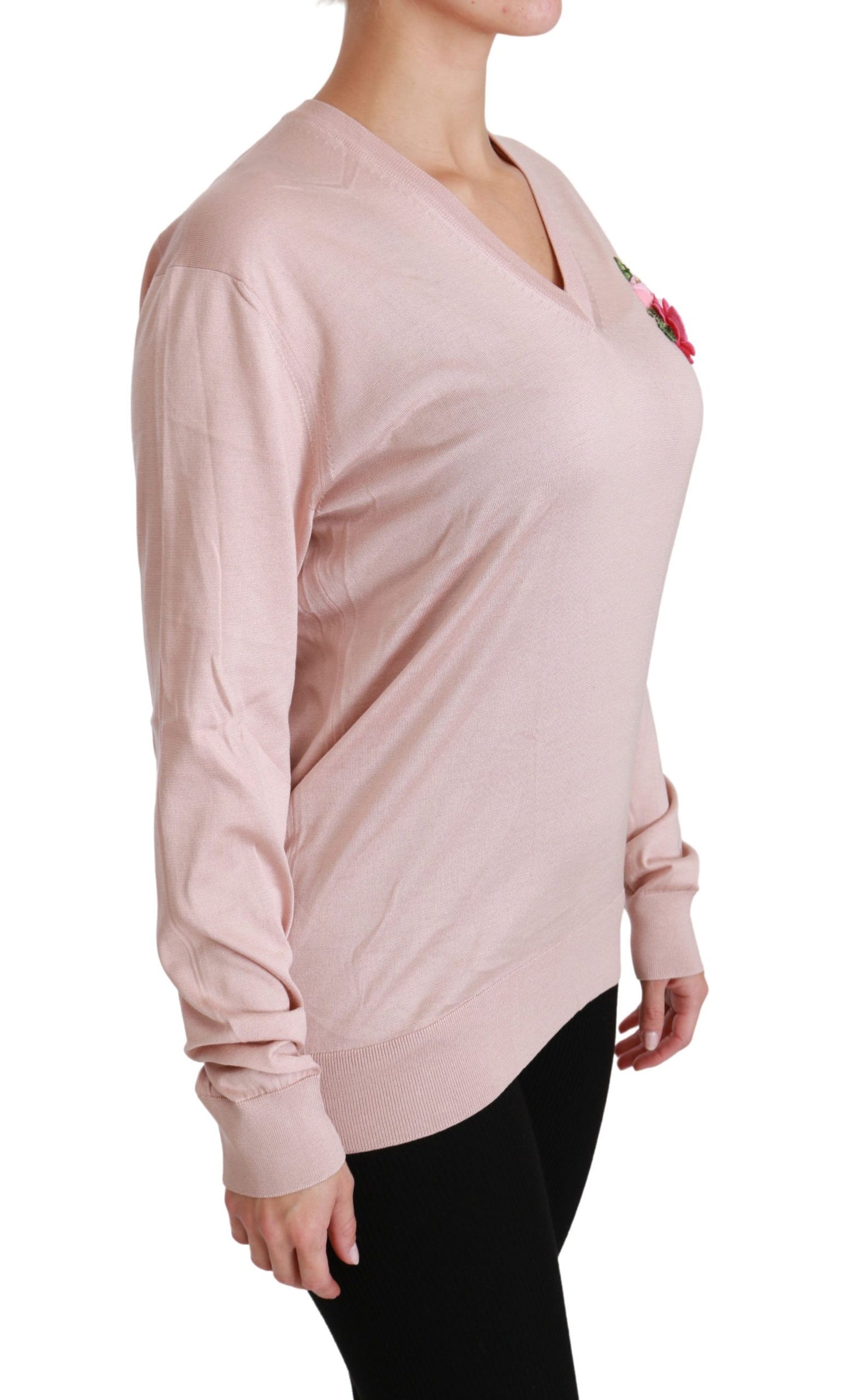 Dolce & Gabbana – Seidenpullover mit rosa Blumenverzierung