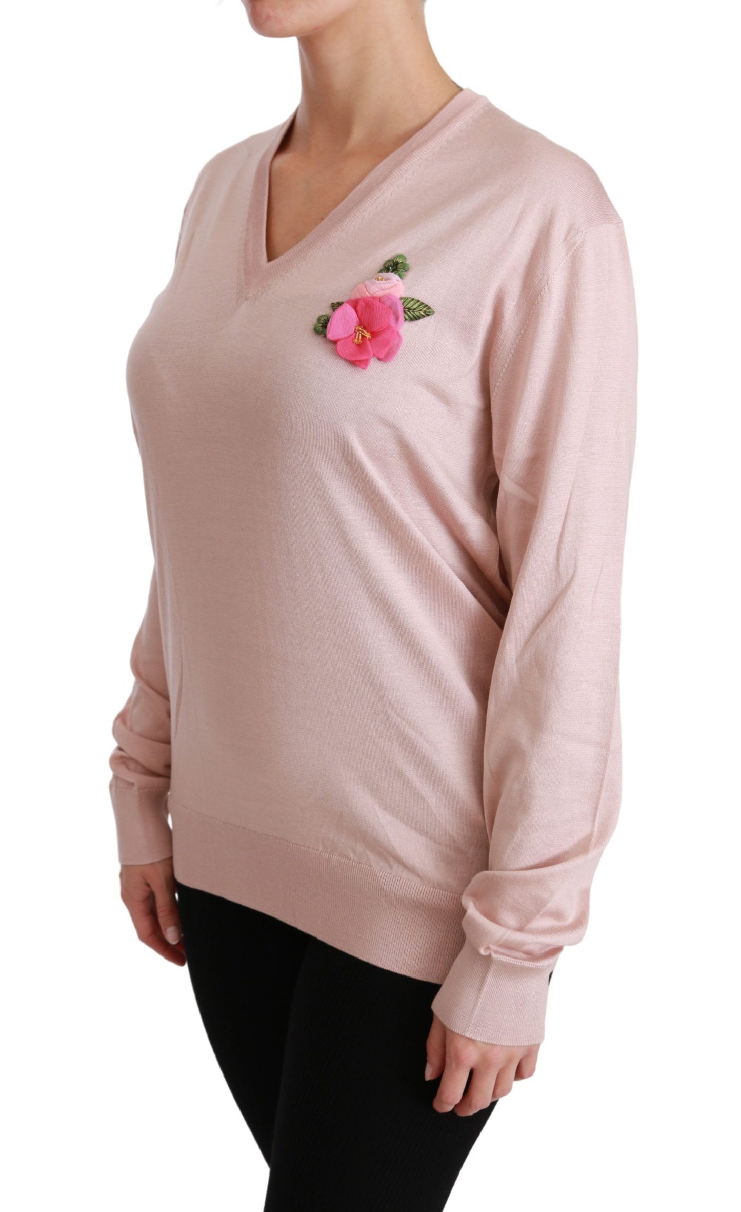 Dolce & Gabbana – Seidenpullover mit rosa Blumenverzierung
