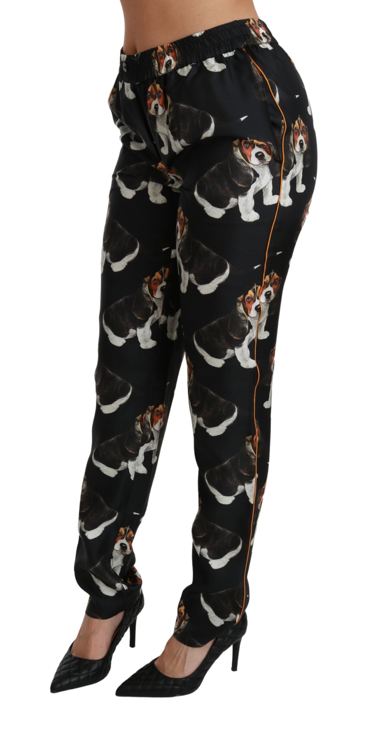 Dolce & Gabbana Schwarze Skinny-Hose aus Seide mit mittelhohem Bund und Welpenmotiv