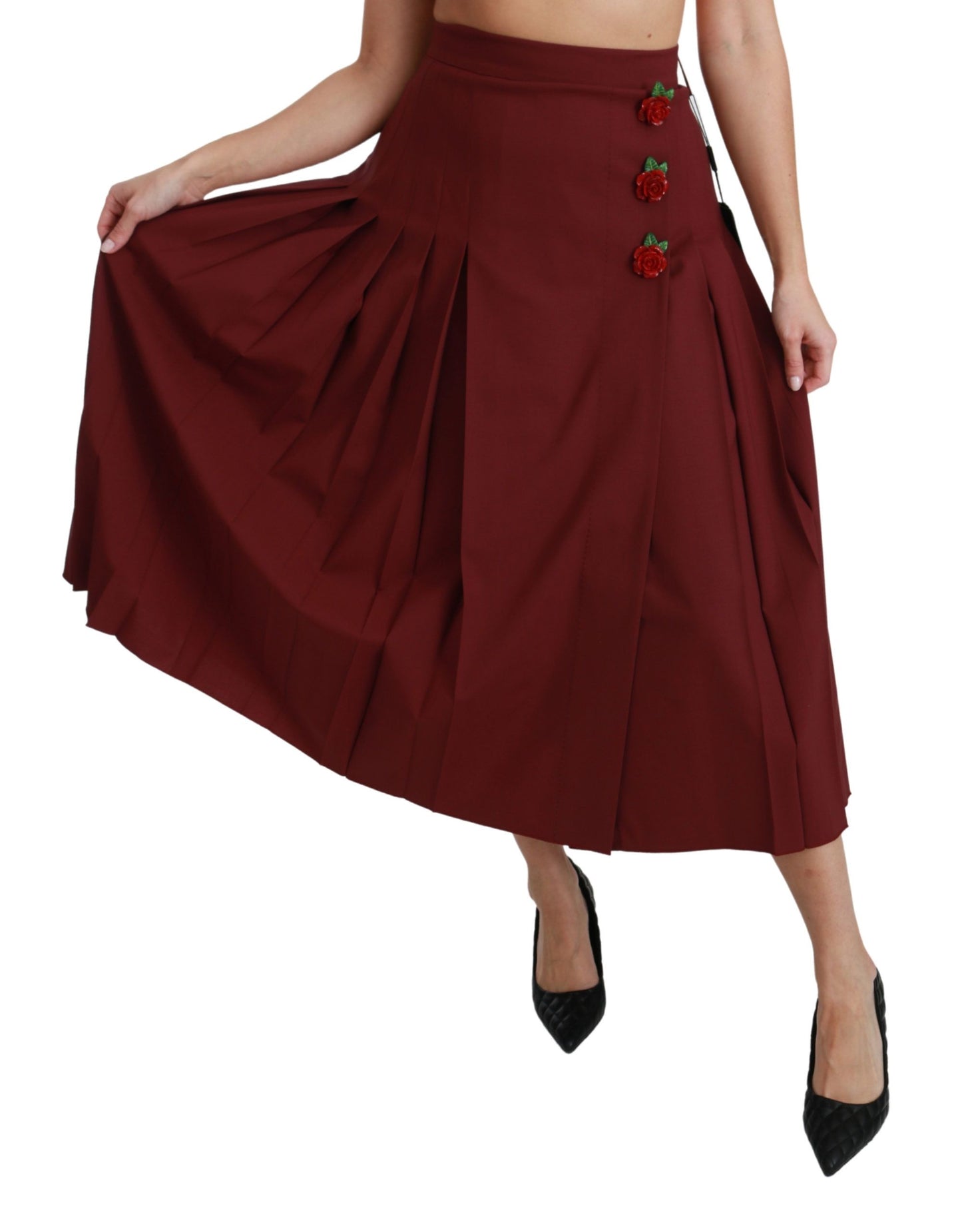 Dolce & Gabbana – Roter, hoch taillierter, plissierter Maxi-Wollrock