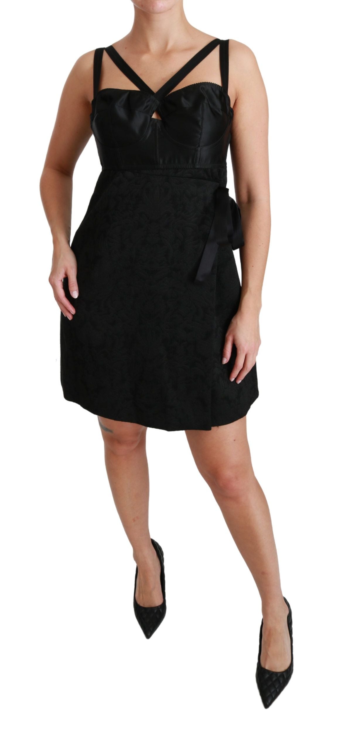 Dolce & Gabbana – Schwarzes Minikleid aus Stretch-Satin und Jacquard